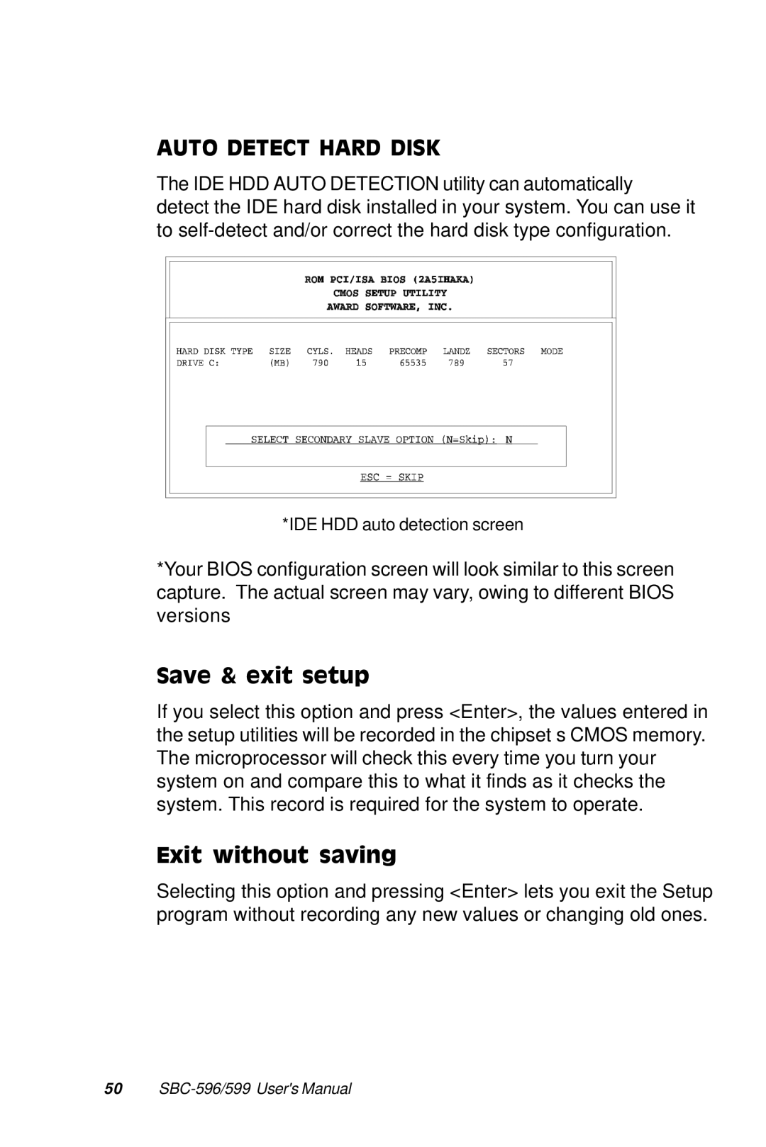 Adaptec SBC-599, SBC-596 manual Save & exit setup, Exit without saving 