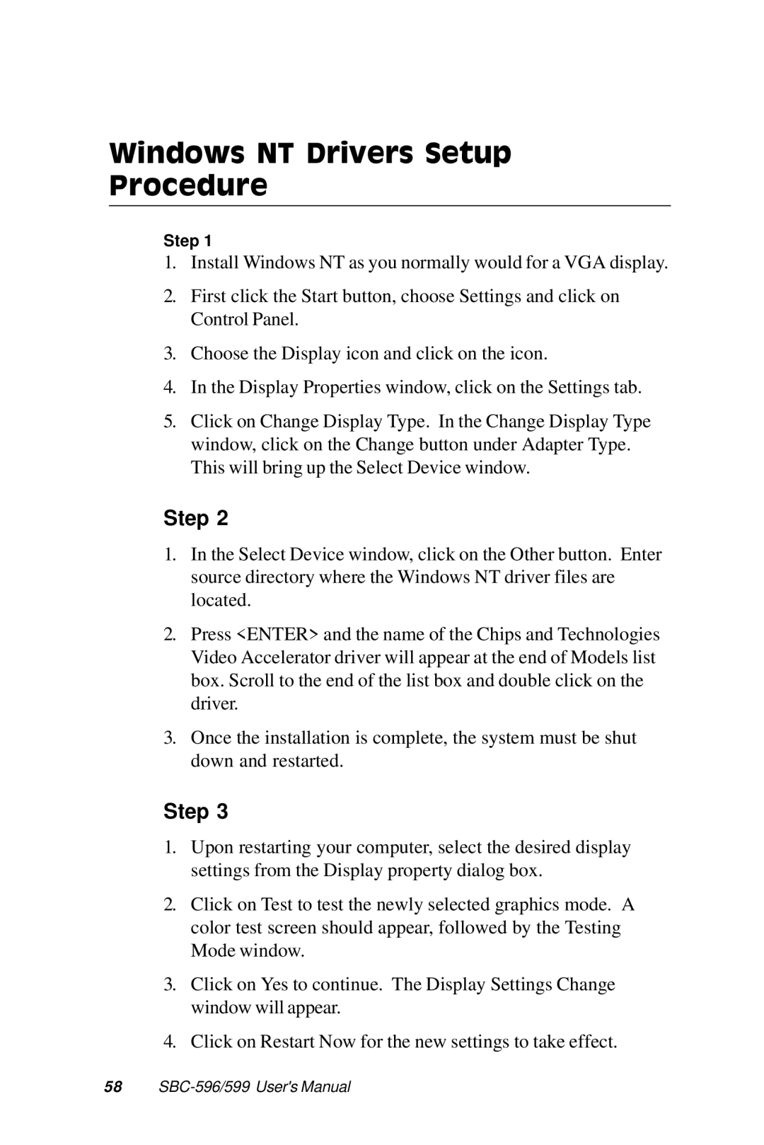 Adaptec SBC-599, SBC-596 manual Windows NT Drivers Setup Procedure, Step 