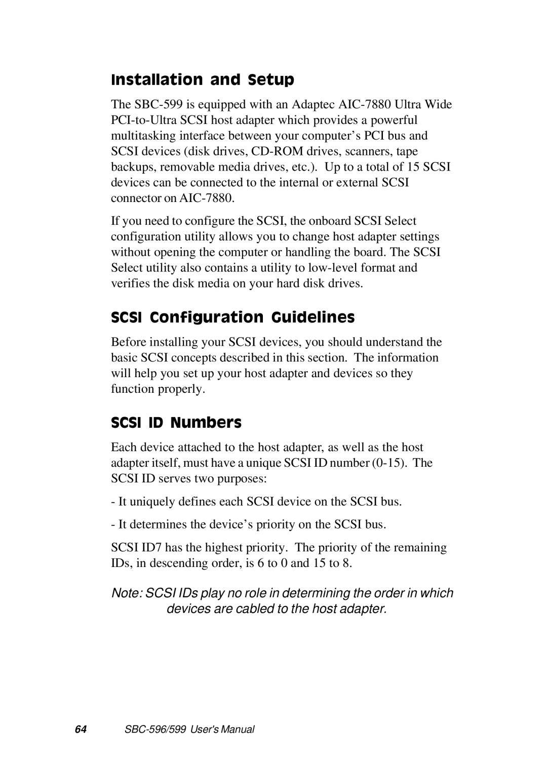 Adaptec SBC-599, SBC-596 manual Installation and Setup, Scsi Configuration Guidelines, Scsi ID Numbers 