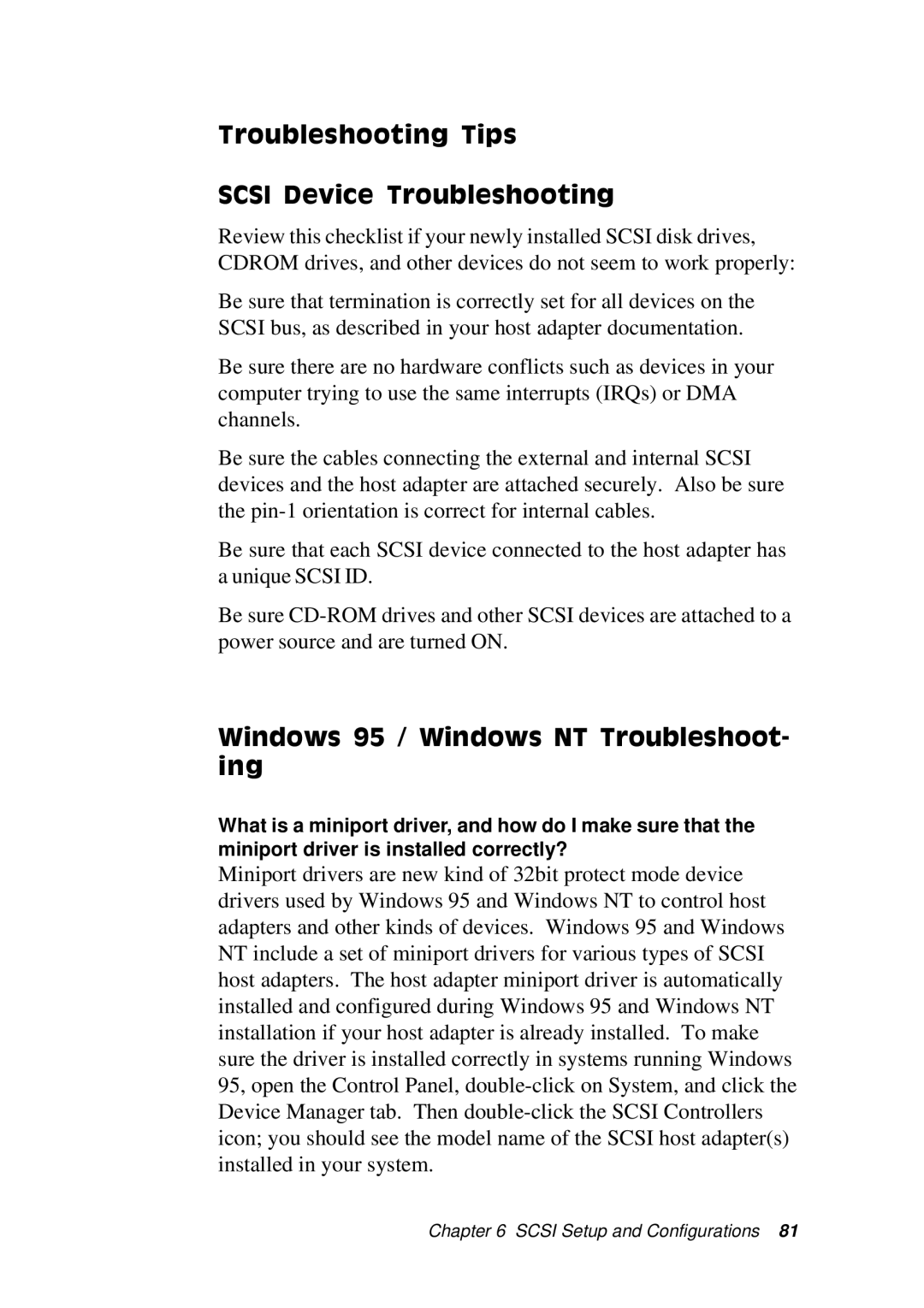 Adaptec SBC-596, SBC-599 manual Troubleshooting Tips Scsi Device Troubleshooting, Windows 95 / Windows NT Troubleshoot- ing 