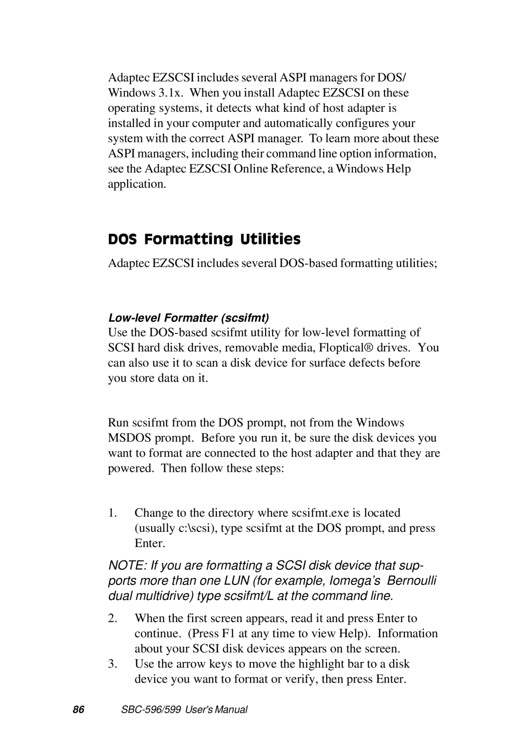 Adaptec SBC-599, SBC-596 manual DOS Formatting Utilities 