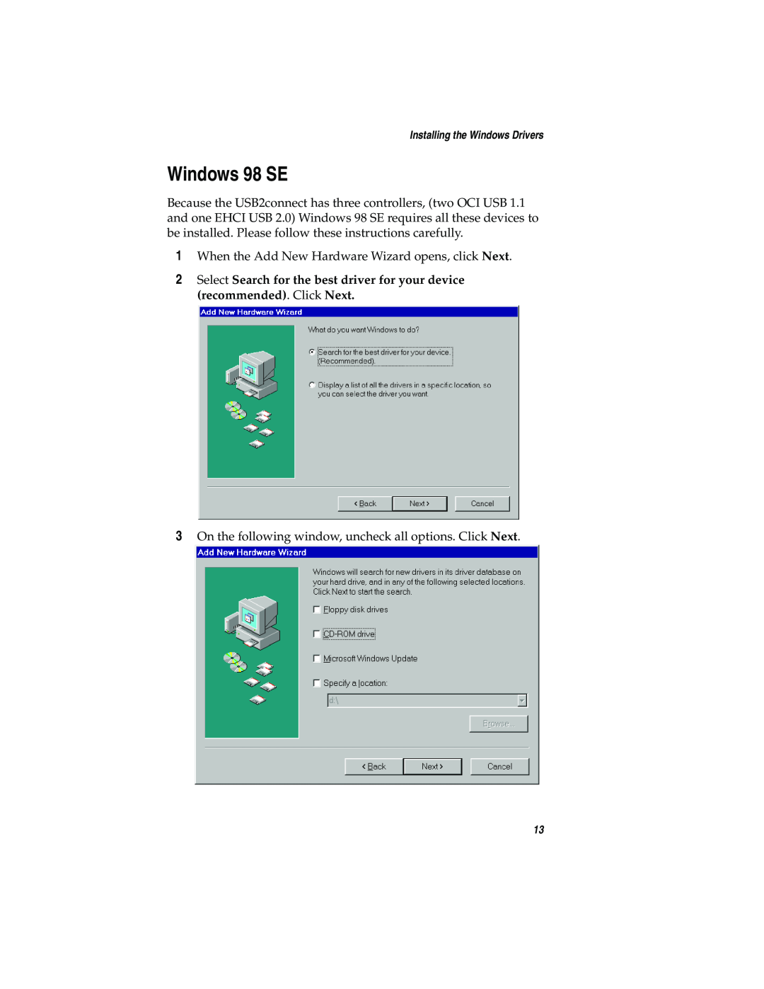 Adaptec USB2connect Host Bus Adapter manual Windows 98 SE 