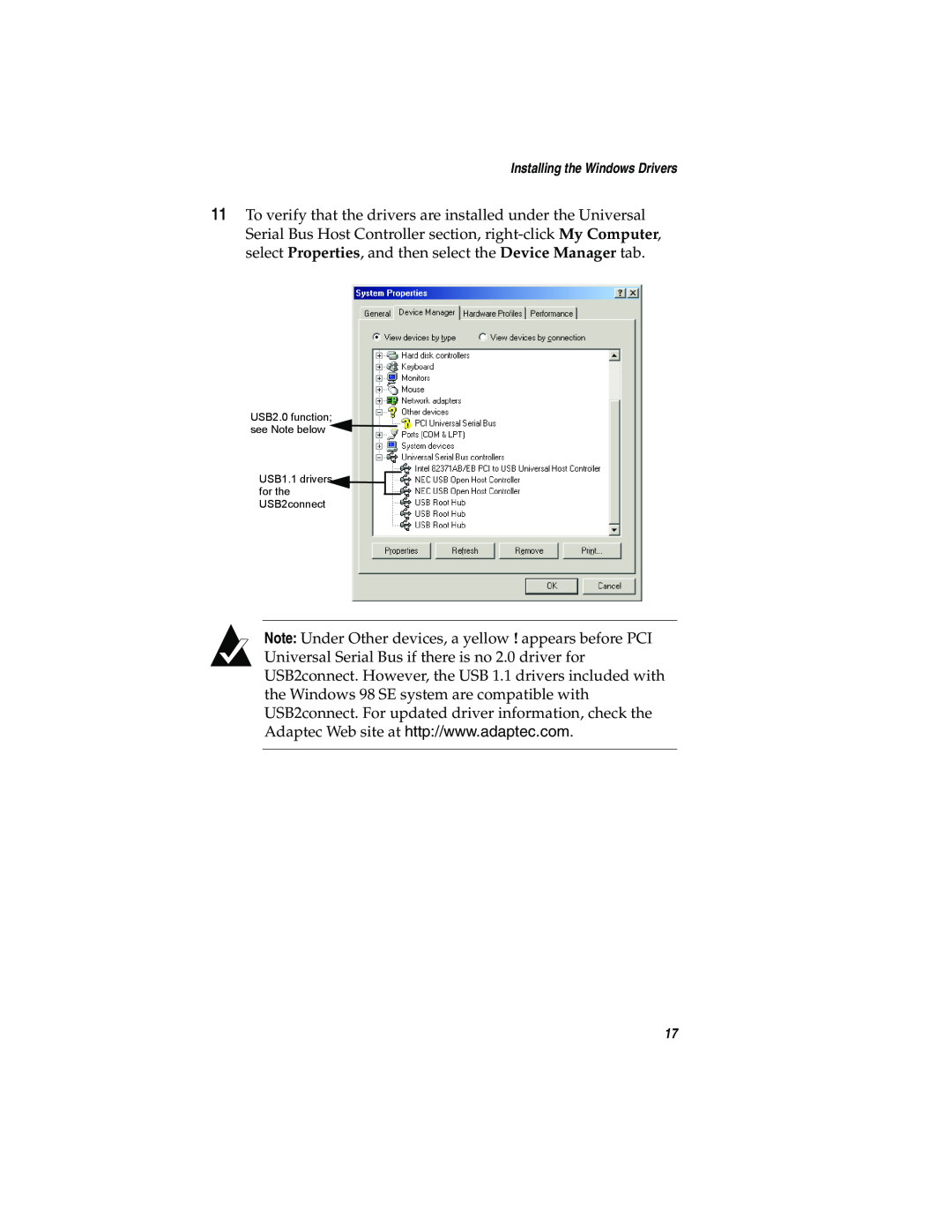 Adaptec USB2connect Host Bus Adapter manual Installing the Windows Drivers 