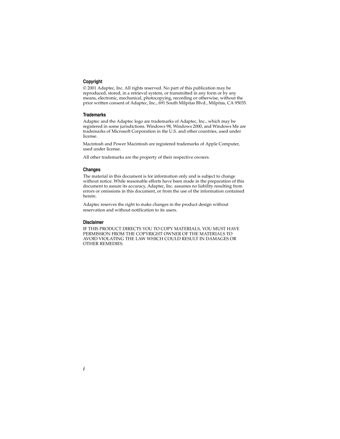 Adaptec USB2connect Host Bus Adapter manual Copyright 