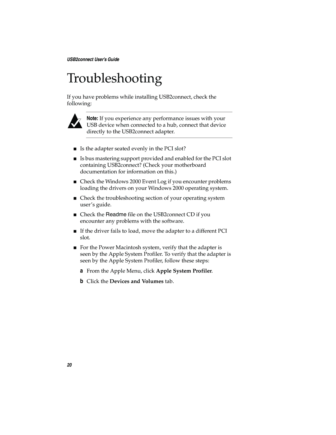 Adaptec USB2connect Host Bus Adapter manual Troubleshooting 