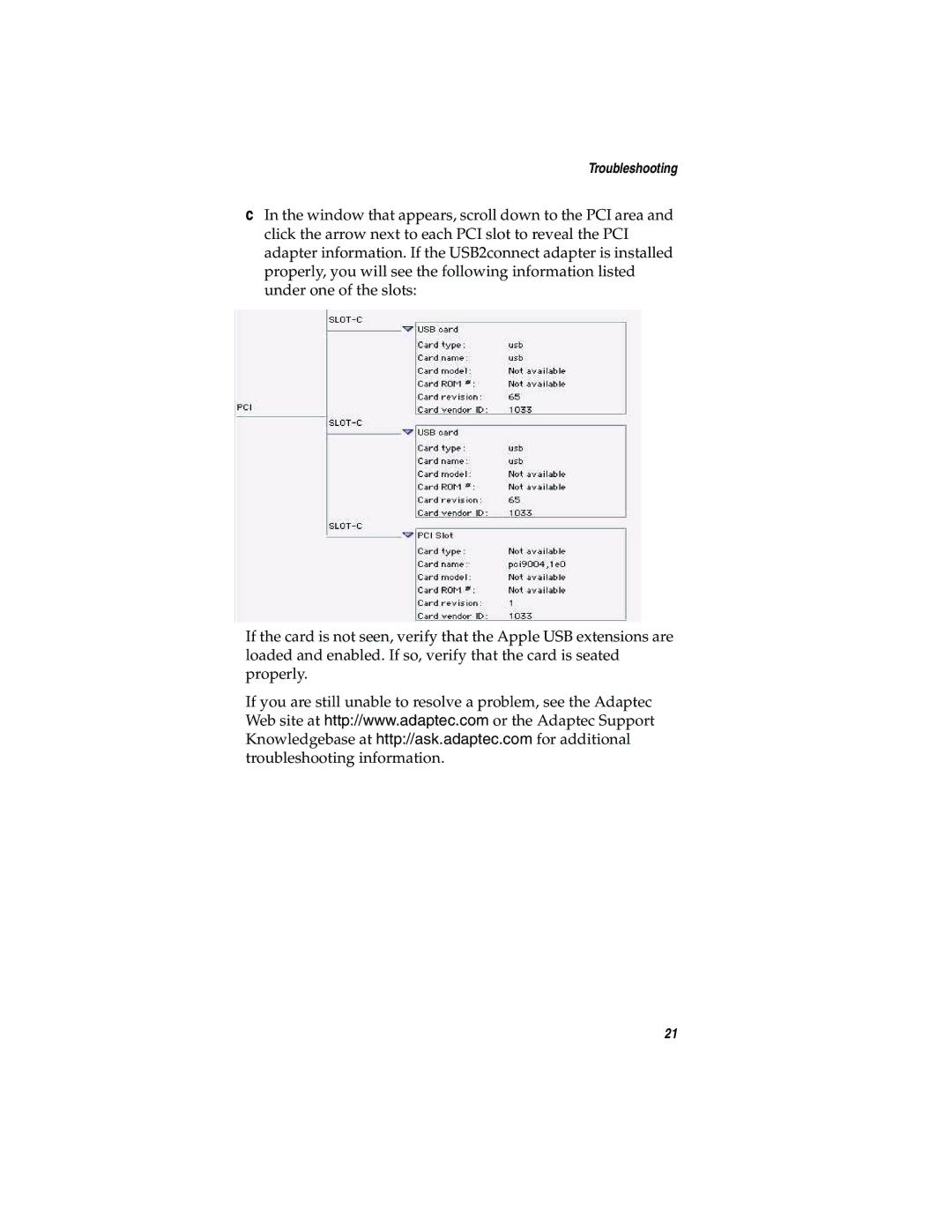 Adaptec USB2connect Host Bus Adapter manual Troubleshooting 