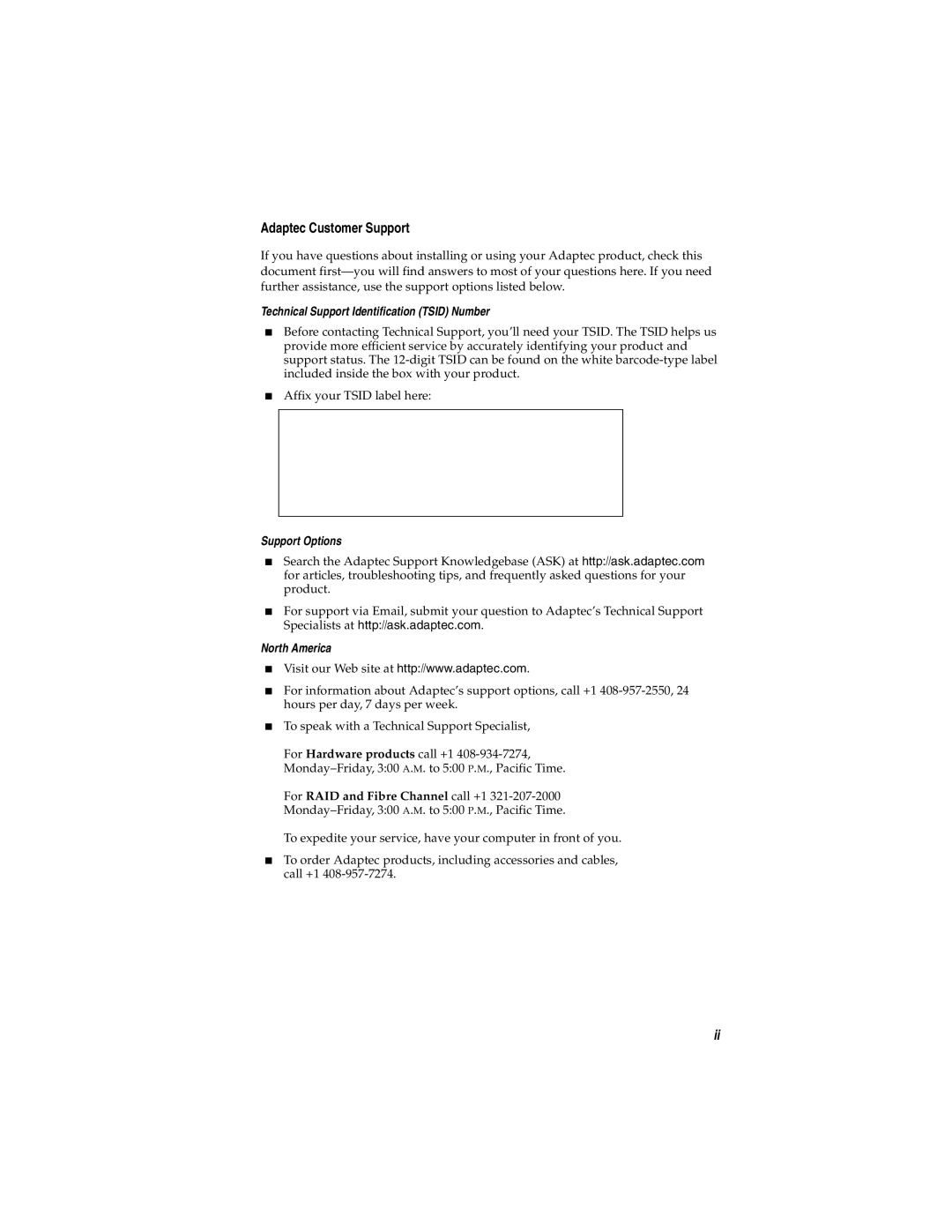 Adaptec USB2connect Host Bus Adapter manual Adaptec Customer Support 