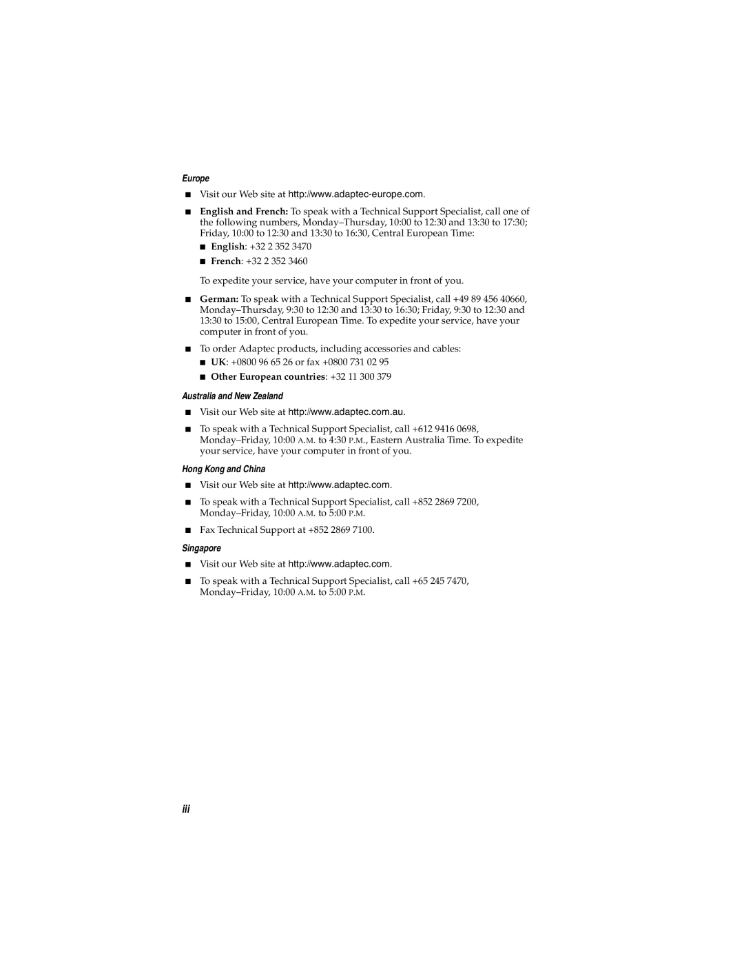 Adaptec USB2connect Host Bus Adapter manual Iii 