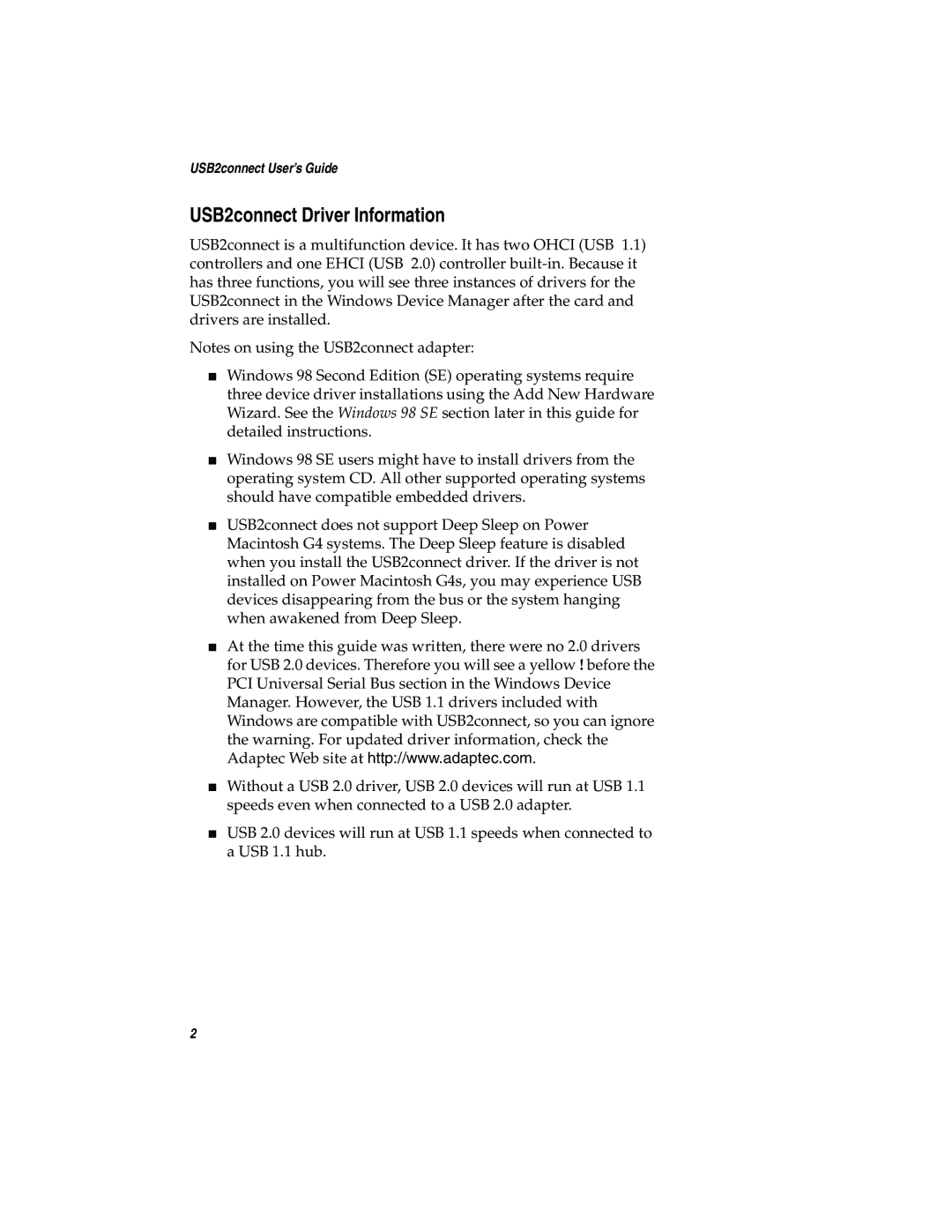 Adaptec USB2connect Host Bus Adapter manual USB2connect Driver Information 