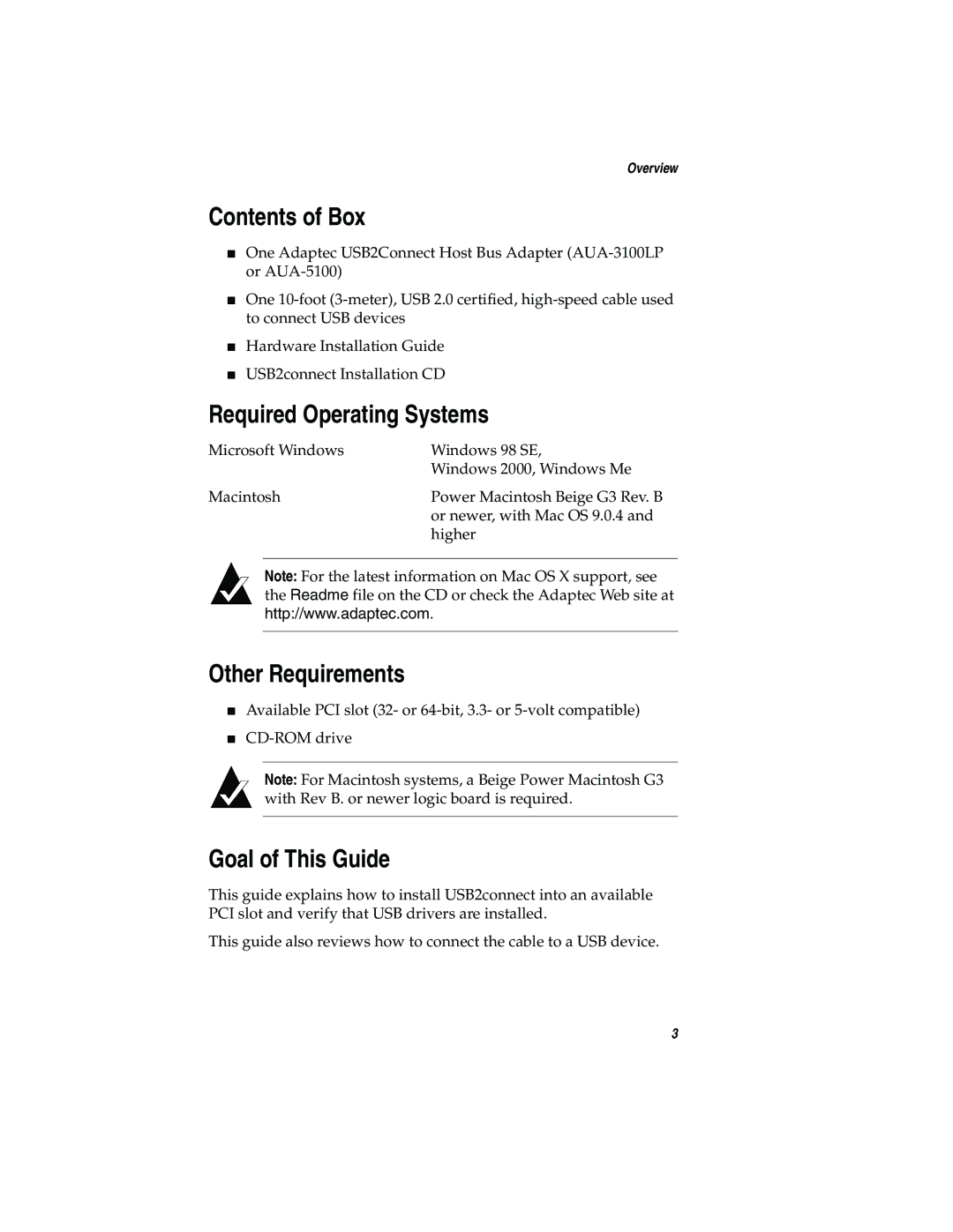 Adaptec USB2connect Host Bus Adapter Contents of Box, Required Operating Systems, Other Requirements, Goal of This Guide 