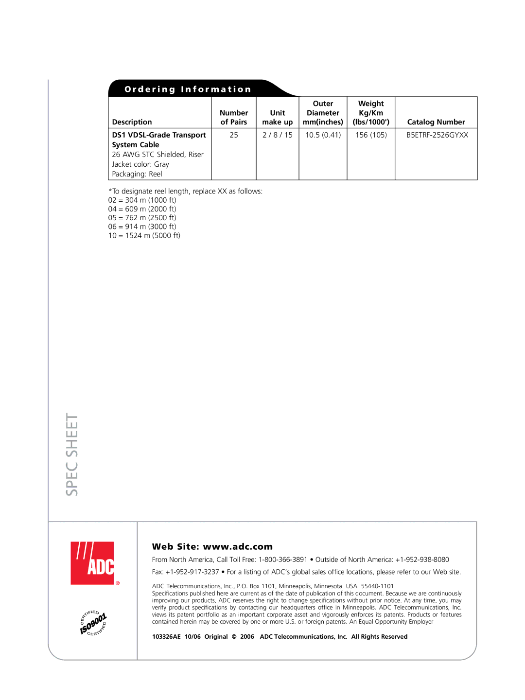 ADC 103326AE manual D e r i n g I n f o r m a t i o n, B5ETRF-2526GYXX 