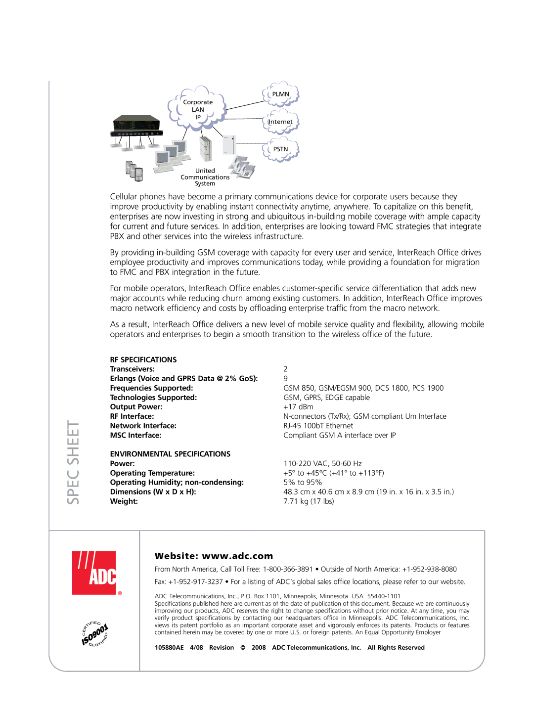 ADC 105880AE manual Spec Sheet, RF Specifications, Environmental Specifications 