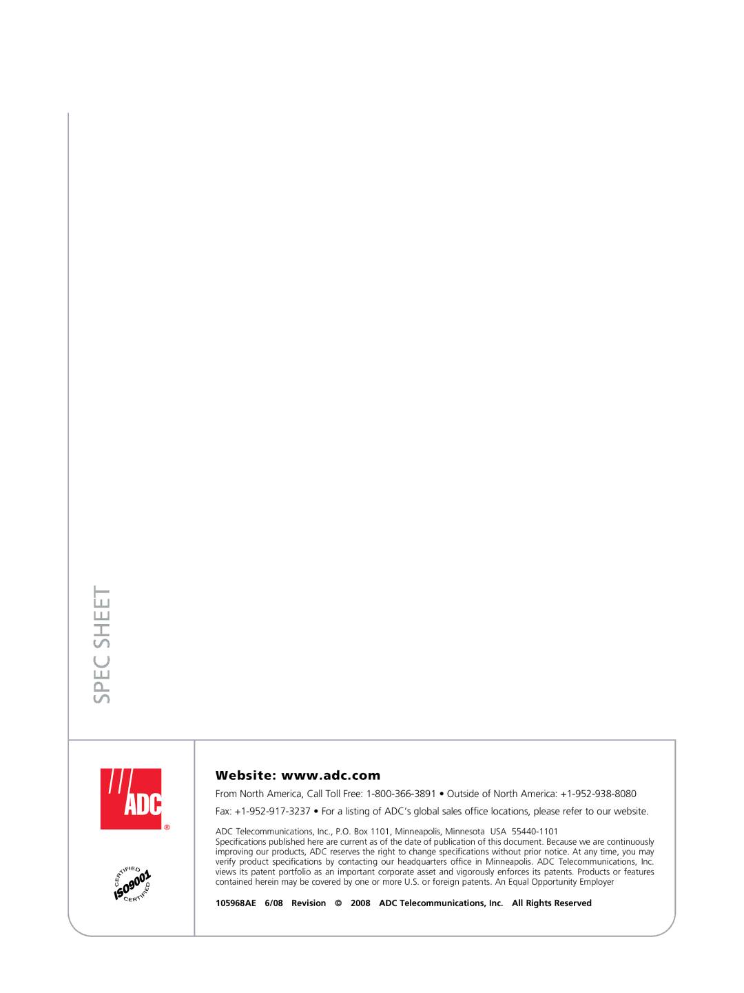 ADC 105968AE manual Spec Sheet 