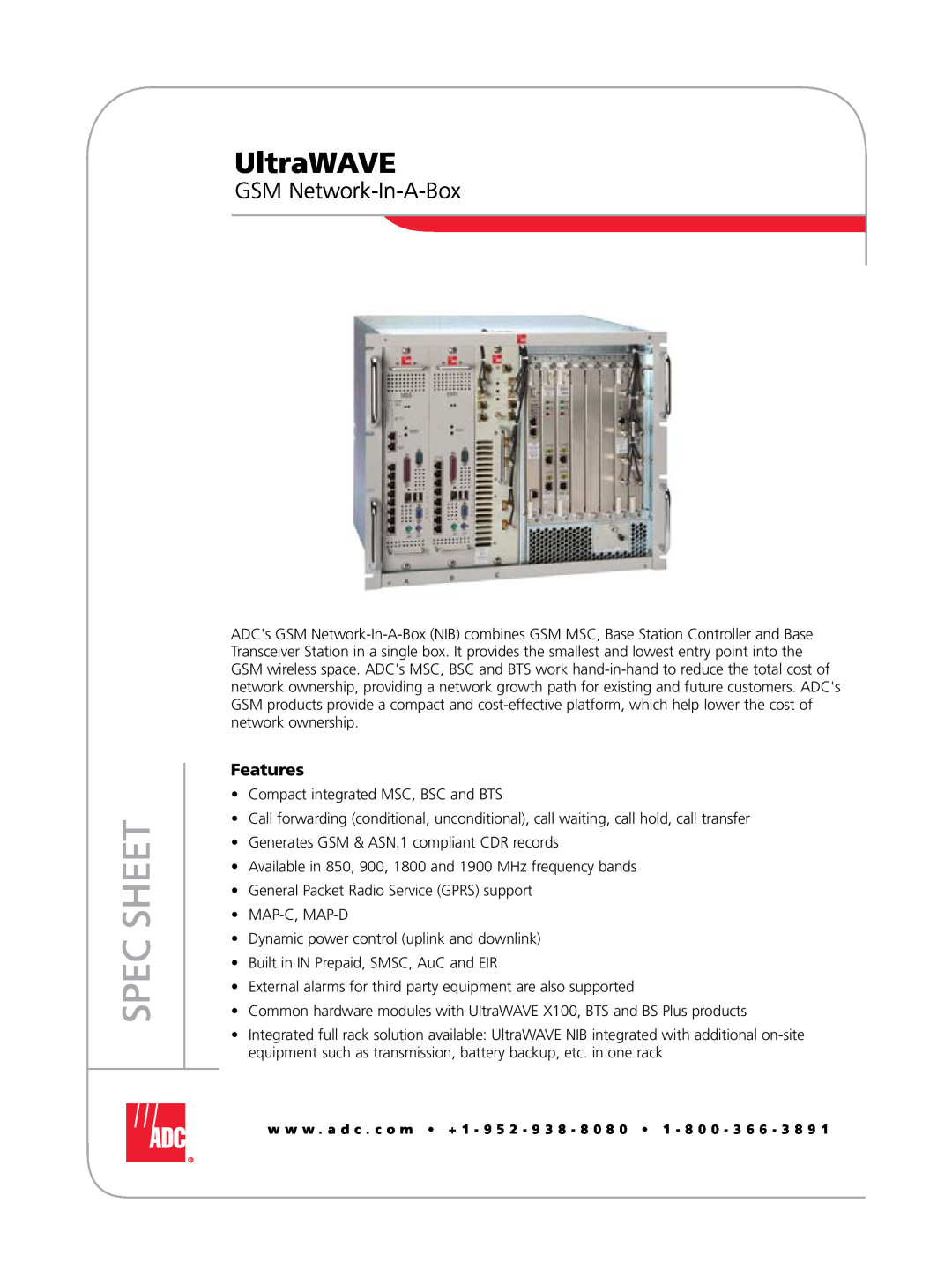 ADC 105968AE manual UltraWAVE, GSM Network-In-A-Box, Spec Sheet, Features 