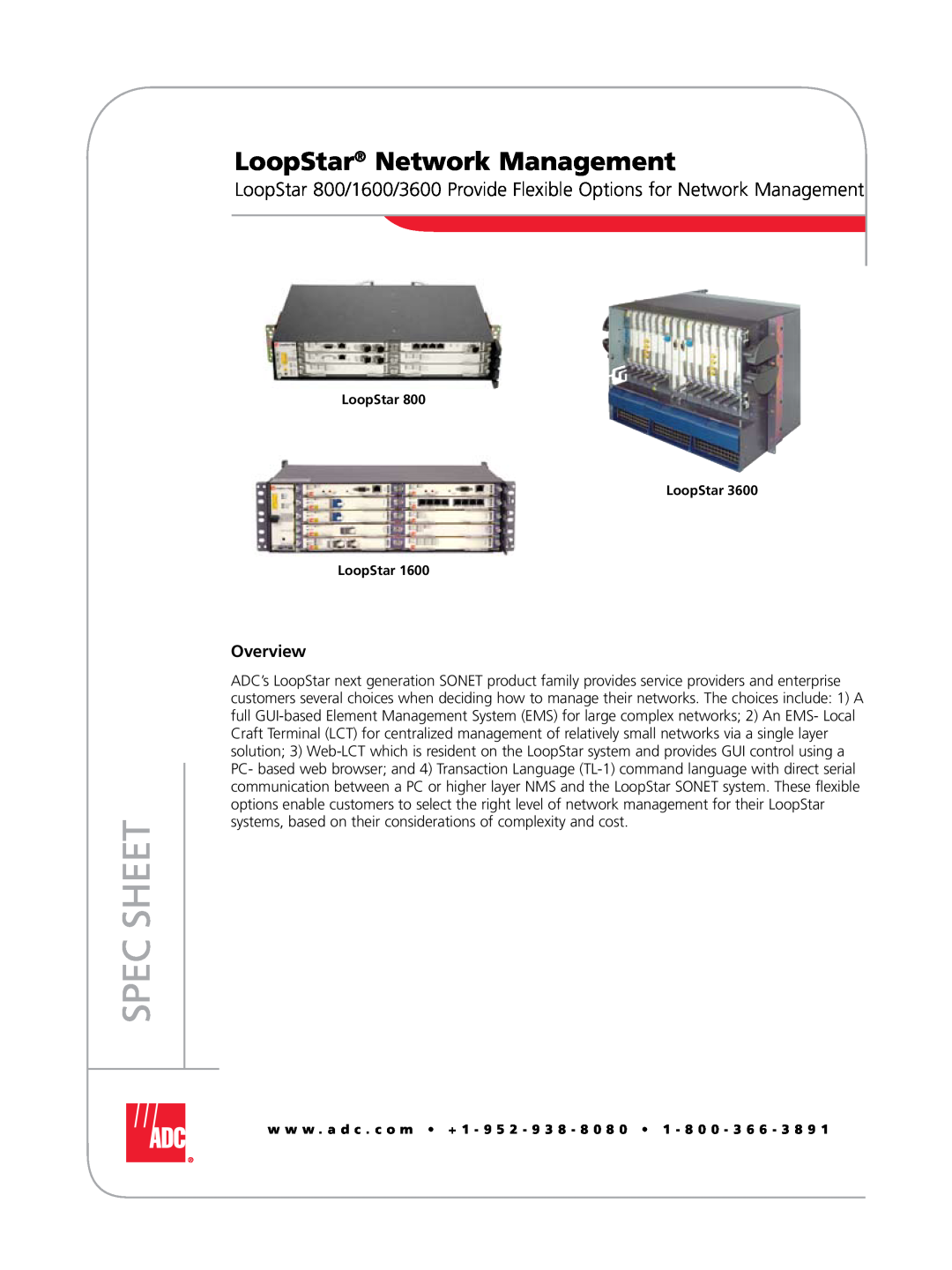ADC 3600, 1600 manual LoopStar Network Management, Spec Sheet, Overview 