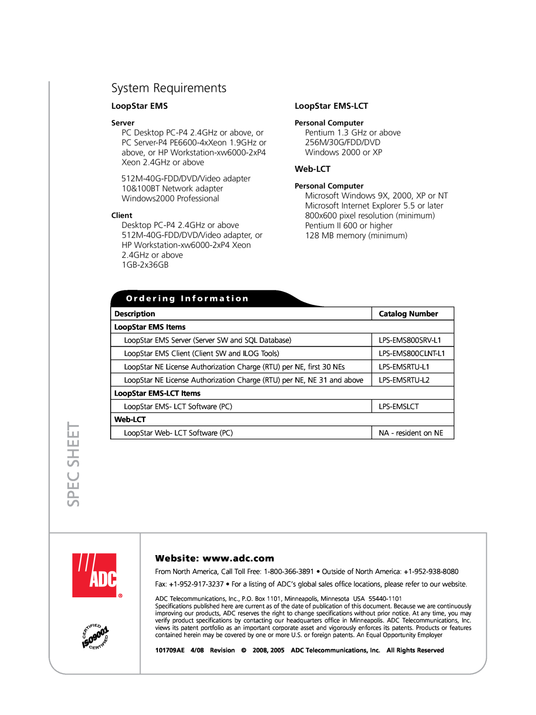 ADC 1600, 3600 manual Spec Sheet, System Requirements 