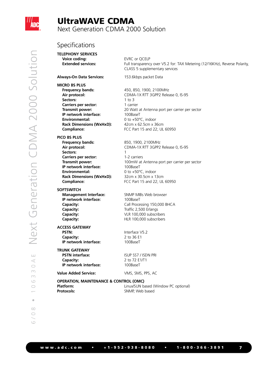 ADC manual Next Generation Cdma 2000 Solution Specifications, Vms, Sms, Pps, Ac 