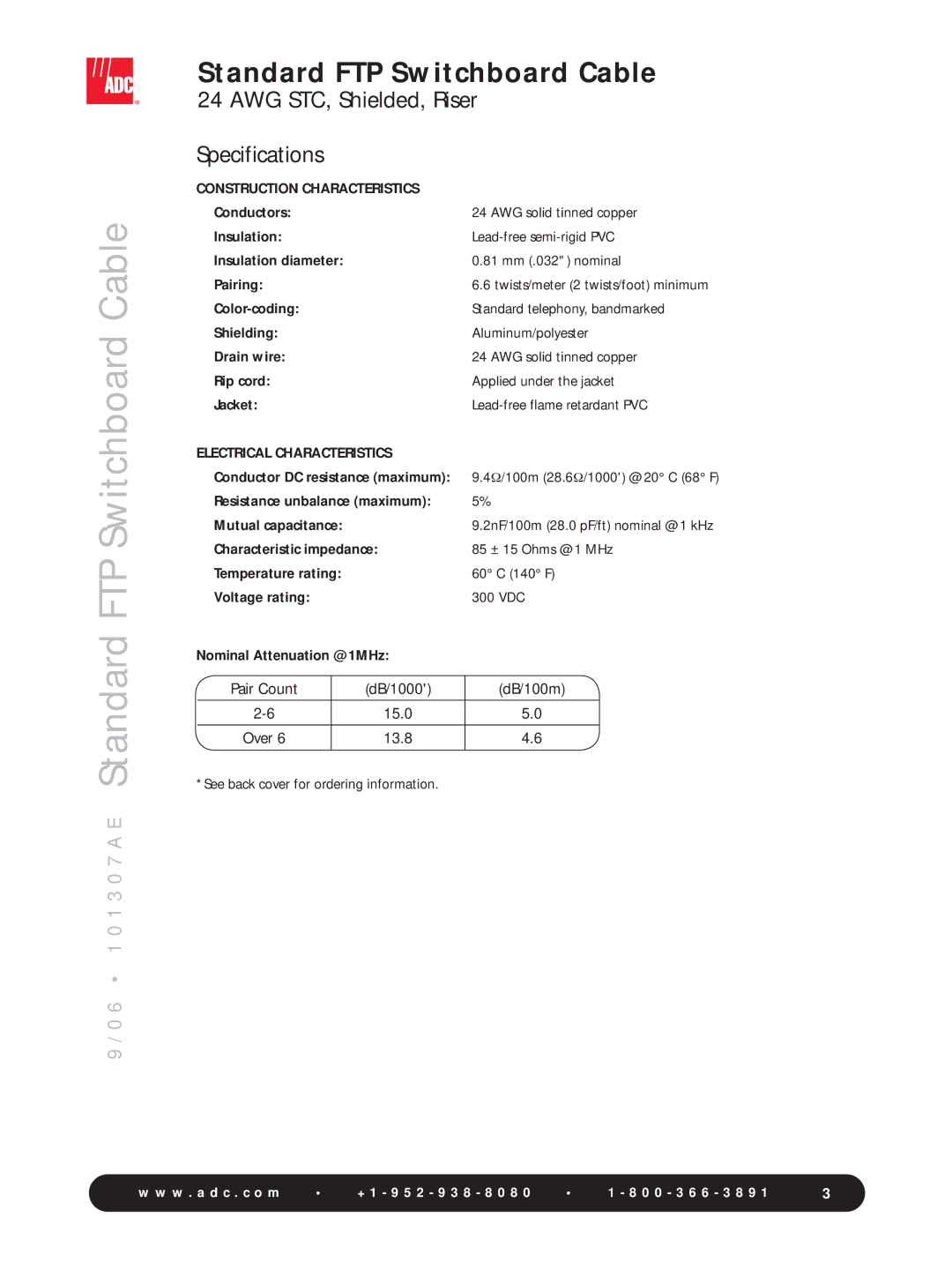 ADC 24 AWG STC manual Construction Characteristics, Electrical Characteristics 