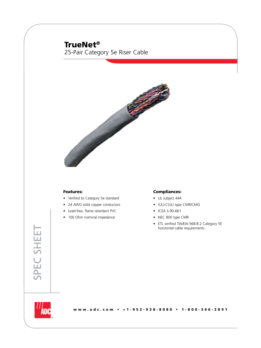 ADC 25-Pair Category 5e Riser Cable manual Spec Sheet 