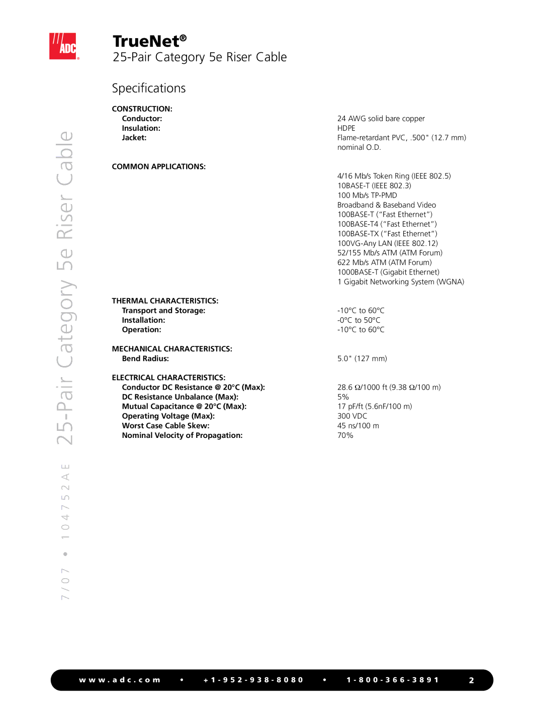 ADC 25-Pair Category 5e Riser Cable manual Pair Category 5e Riser Cable Specifications 