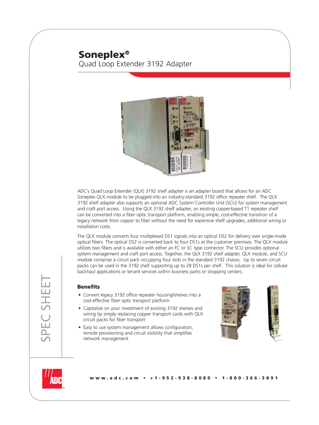 ADC manual Spec Sheet, Quad Loop Extender 3192 Adapter, Benefits 