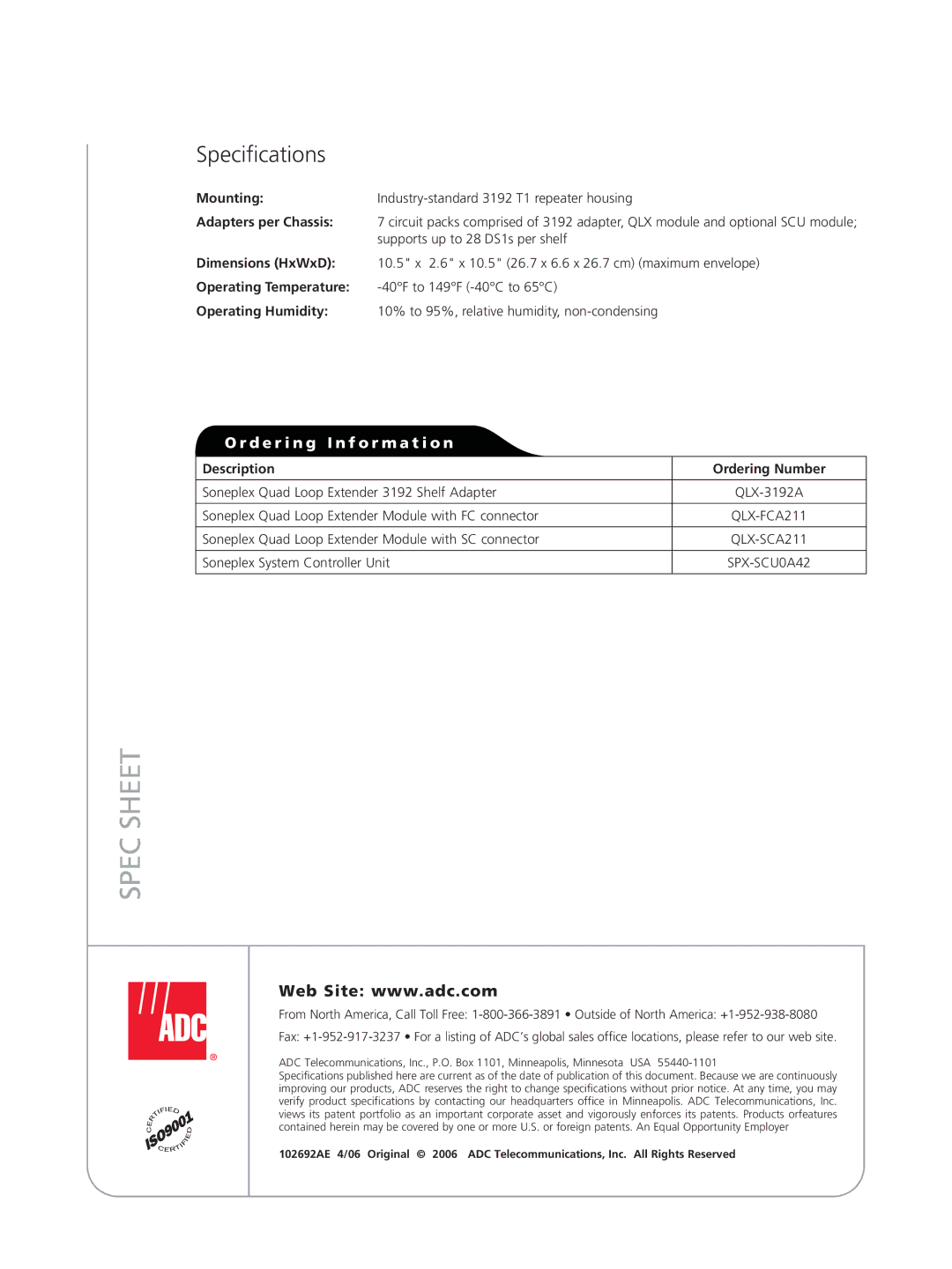 ADC 3192 manual Spec Sheet, Specifications, D e r i n g I n f o r m a t i o n 