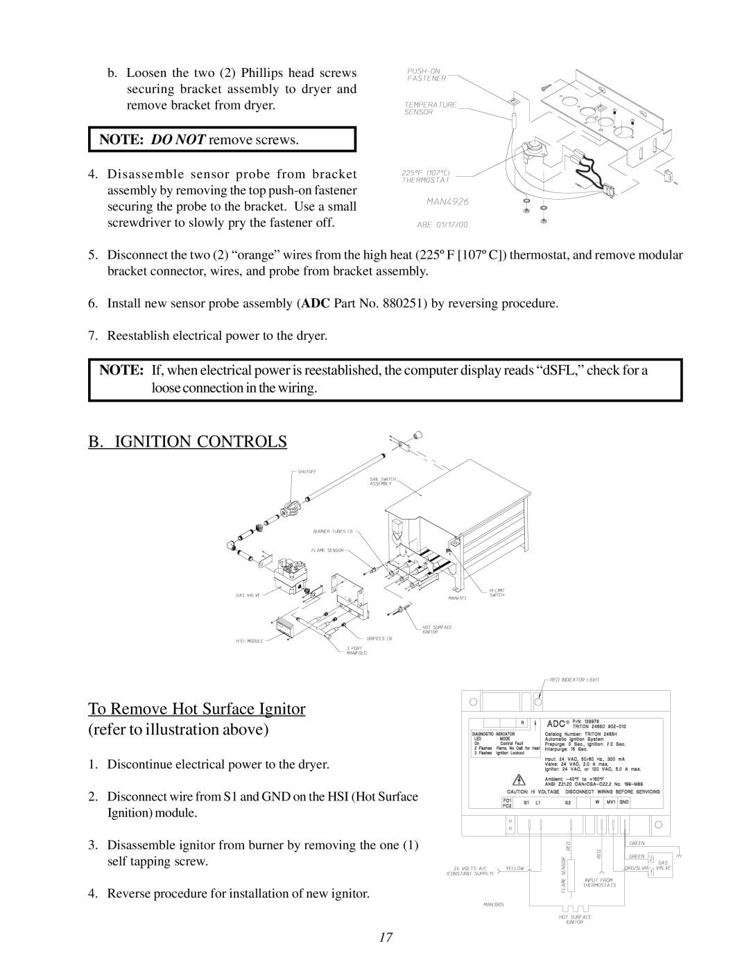 ADC 450428 service manual Ignition Controls, To Remove Hot Surface Ignitor refer to illustration above 