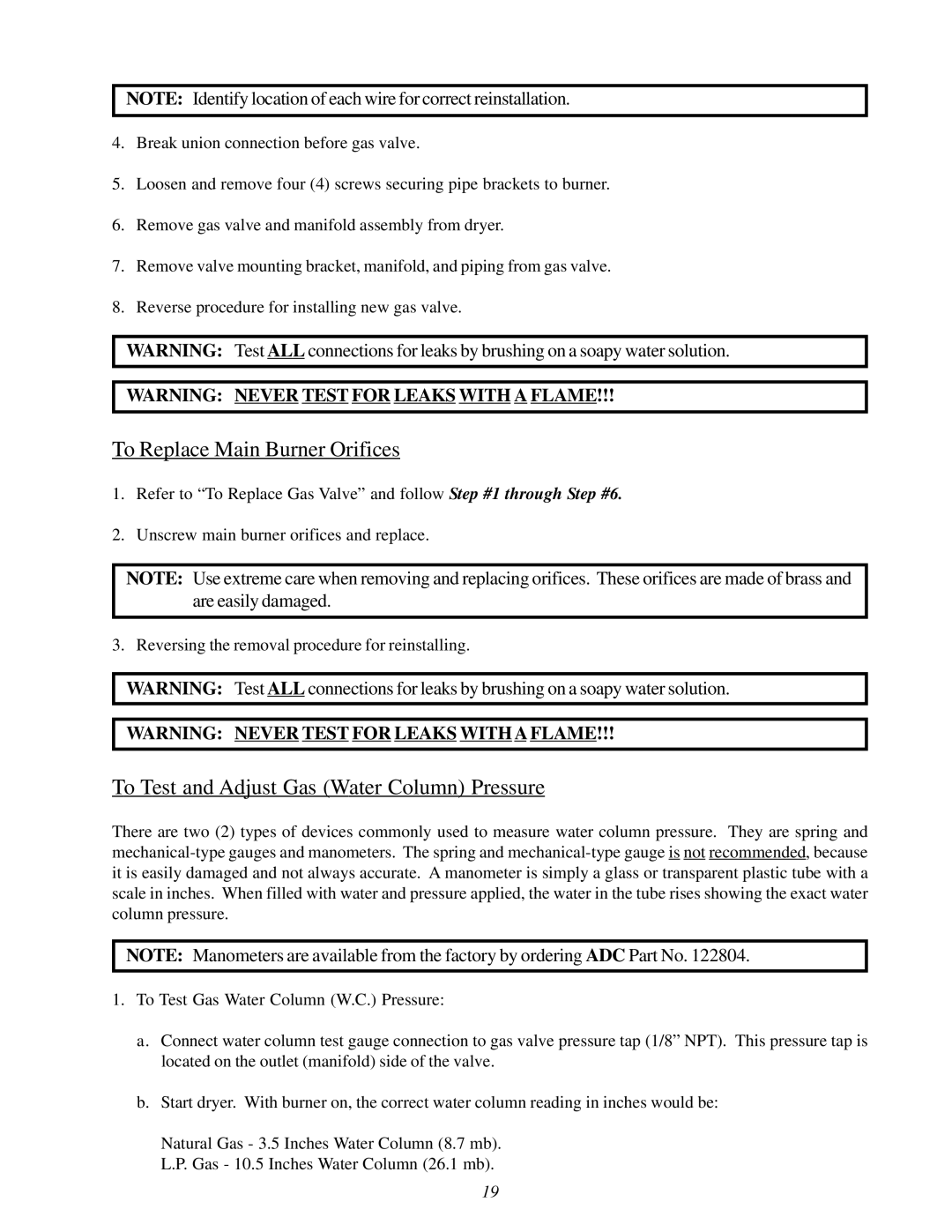 ADC 450428 service manual To Replace Main Burner Orifices, To Test and Adjust Gas Water Column Pressure 