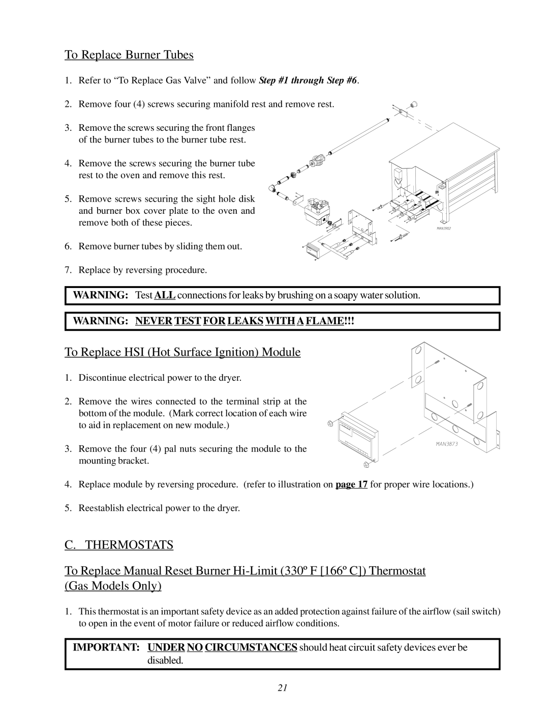 ADC 450428 service manual To Replace Burner Tubes, To Replace HSI Hot Surface Ignition Module, Thermostats 