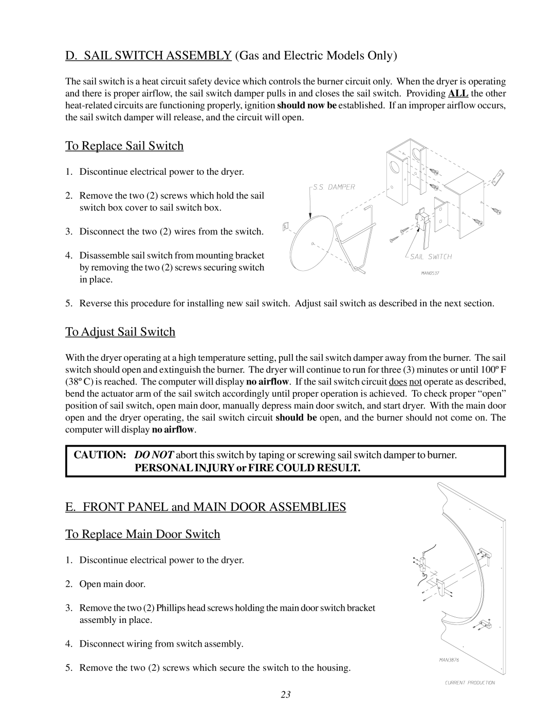 ADC 450428 service manual Sail Switch Assembly Gas and Electric Models Only, To Replace Sail Switch, To Adjust Sail Switch 