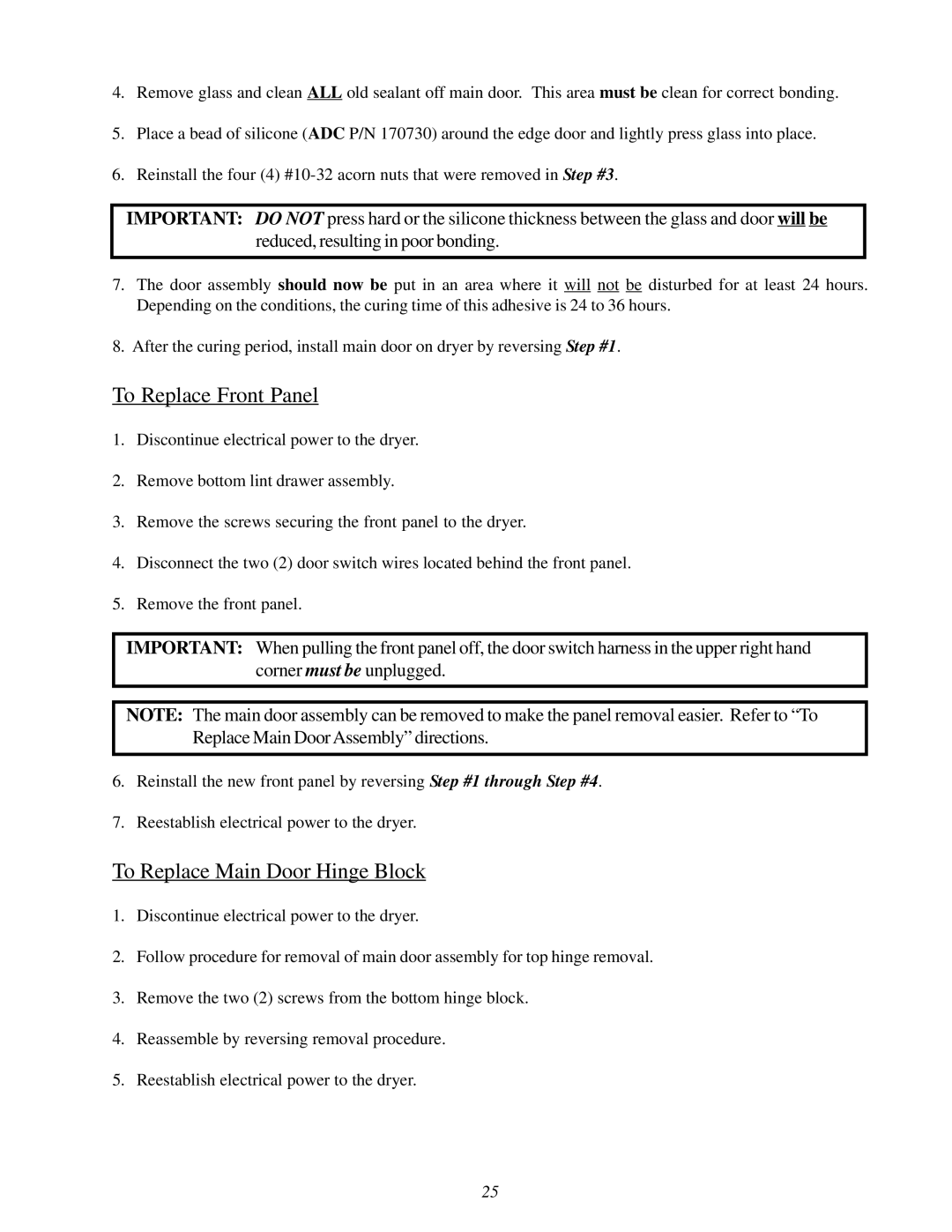 ADC 450428 service manual To Replace Front Panel, To Replace Main Door Hinge Block 