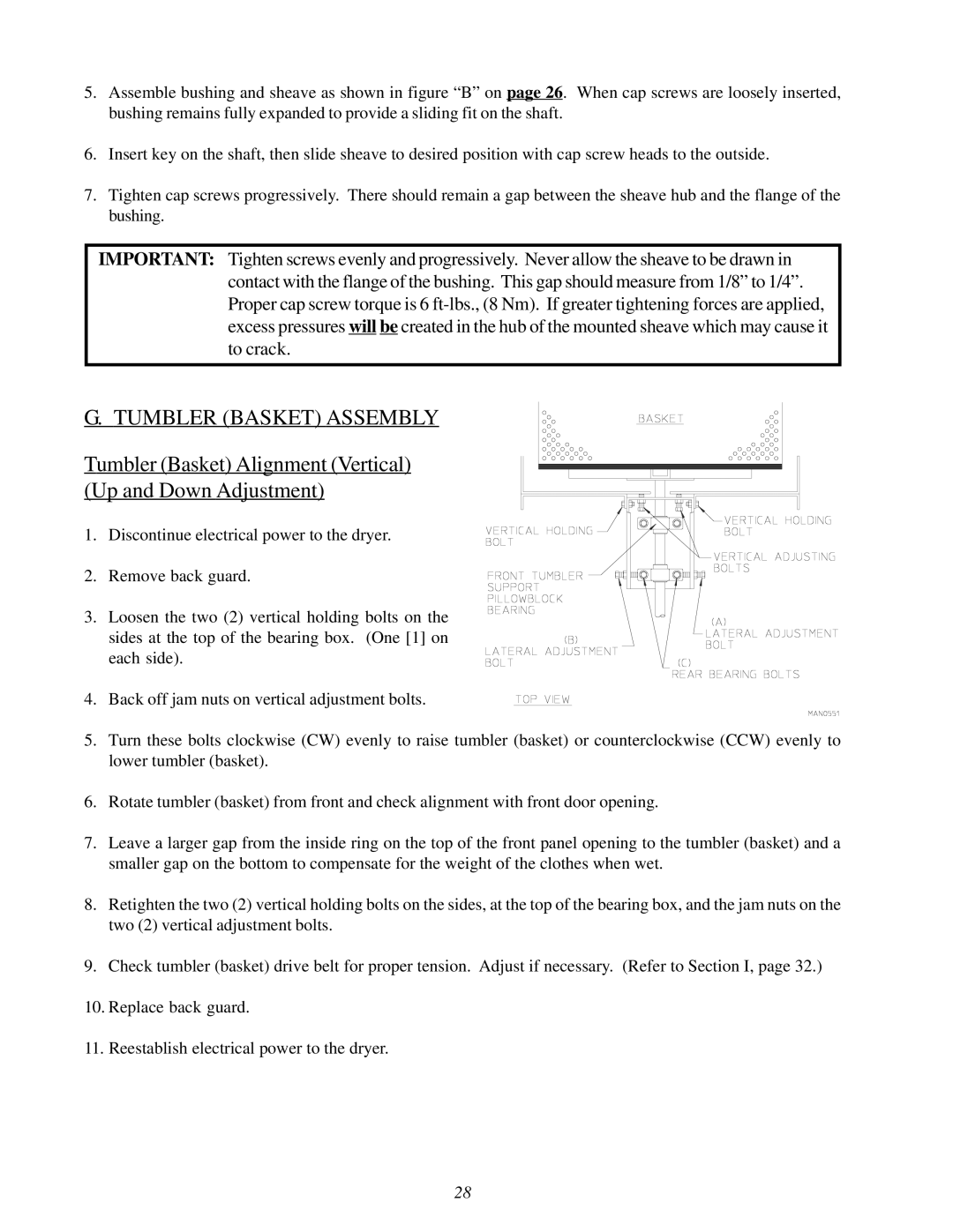 ADC 450428 service manual Tumbler Basket Assembly, Tumbler Basket Alignment Vertical Up and Down Adjustment 