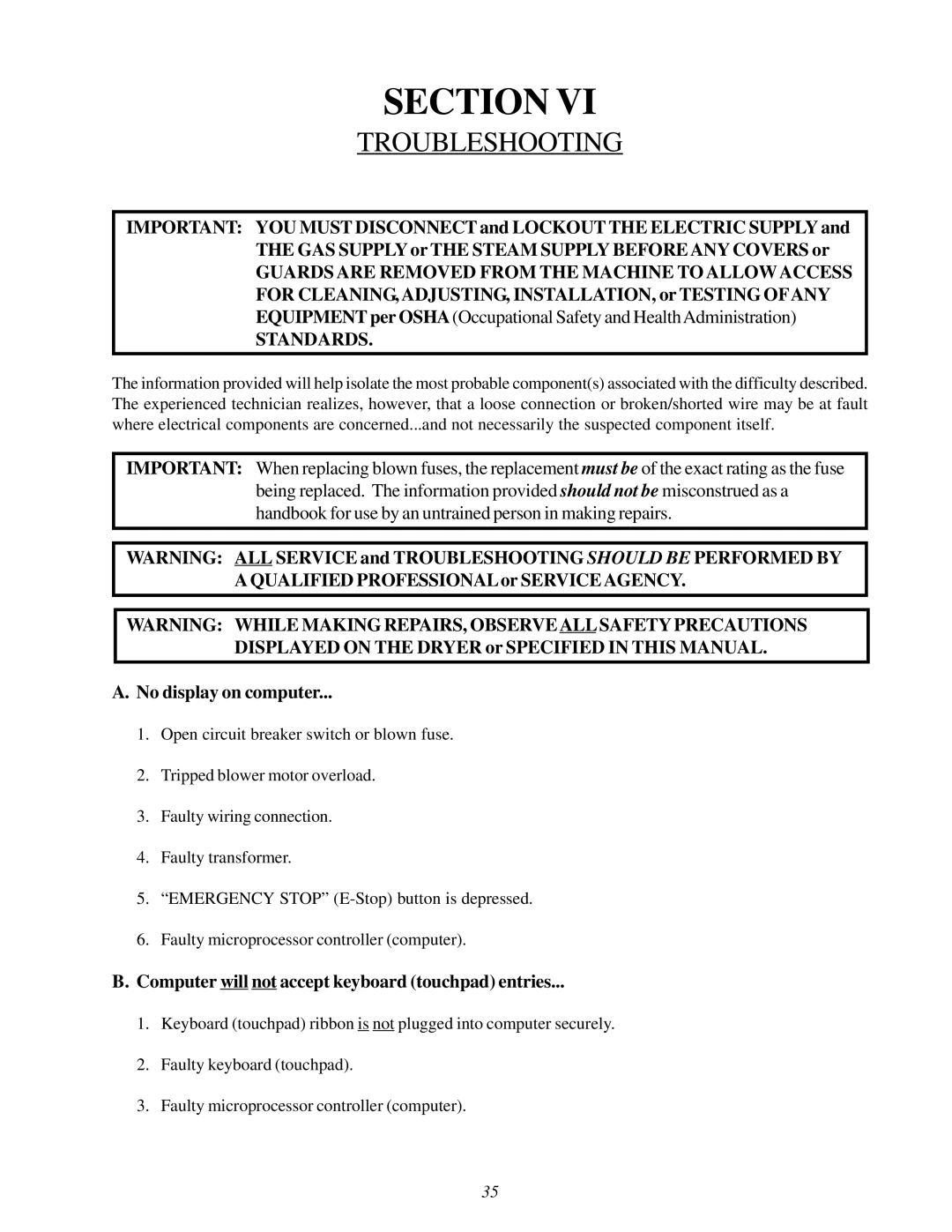 ADC 450428 service manual Troubleshooting, No display on computer, Computer will not accept keyboard touchpad entries 