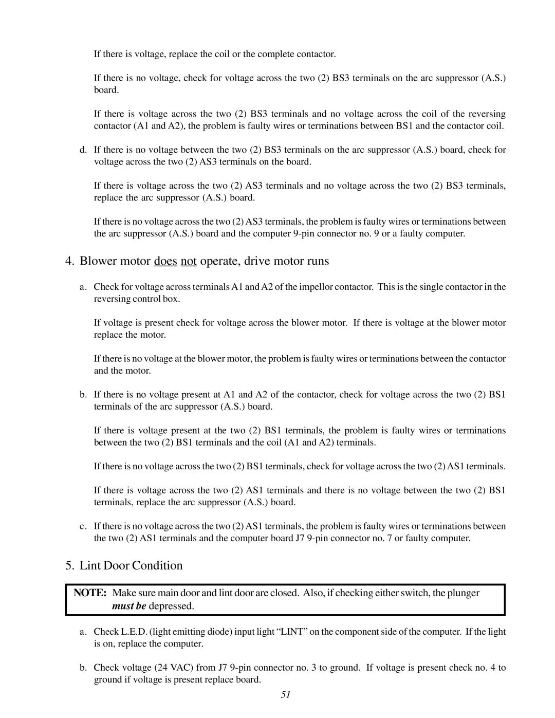 ADC 450428 service manual Blower motor does not operate, drive motor runs, Lint Door Condition 