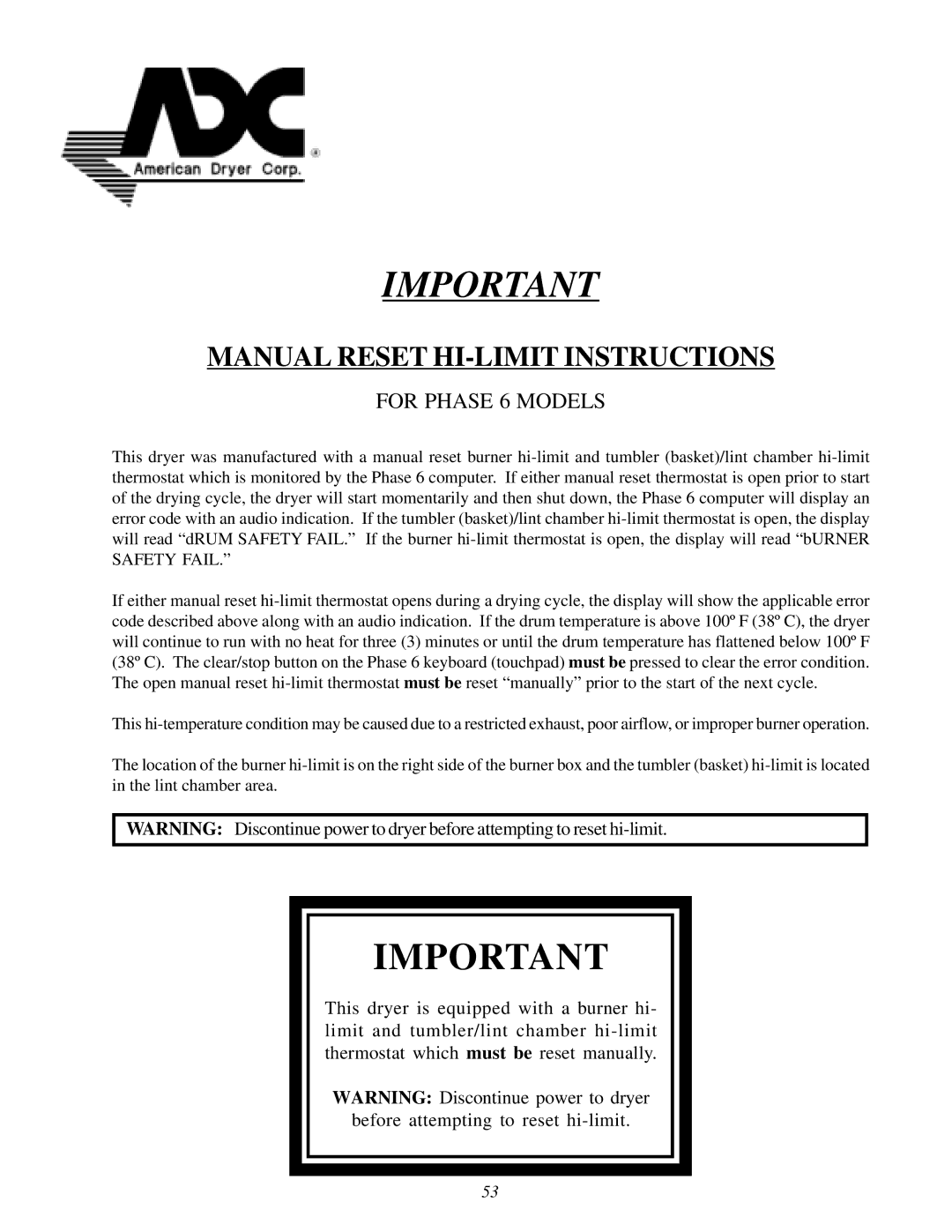 ADC 450428 service manual Manual Reset HI-LIMIT Instructions, For Phase 6 Models 