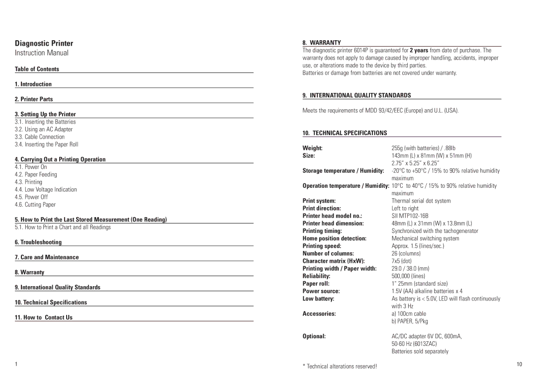 ADC 6016, 6014P instruction manual Warranty, International Quality Standards, Technical Specifications 