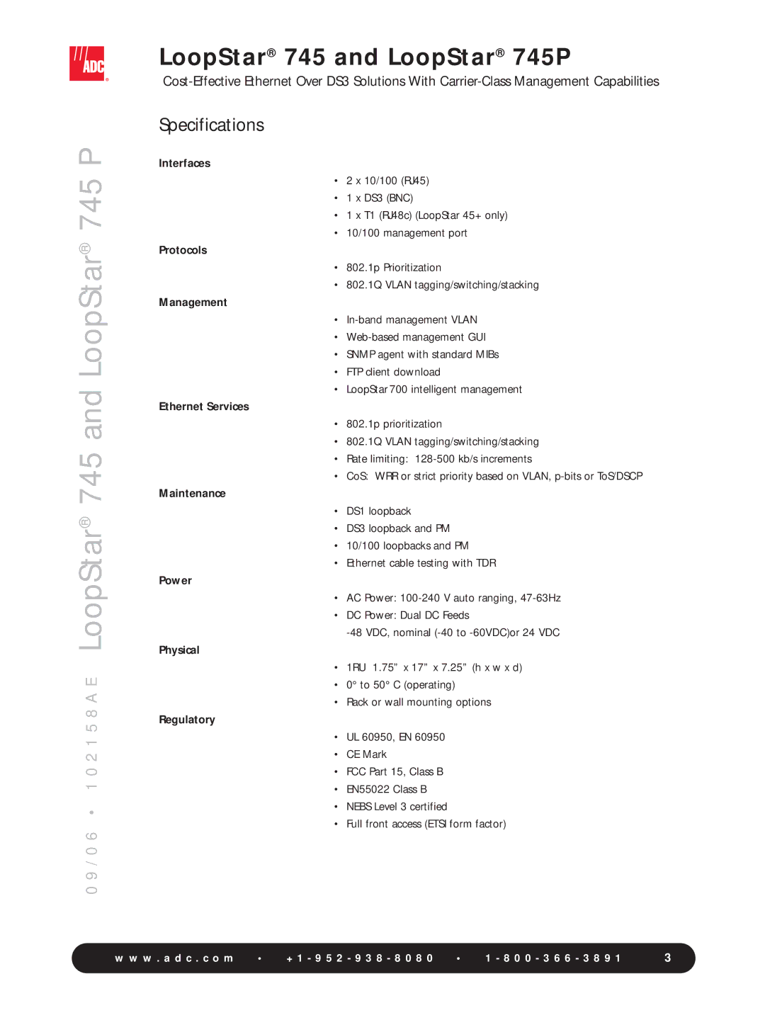 ADC 745P manual Interfaces, Protocols, Management, Ethernet Services, Maintenance, Power, Physical, Regulatory 