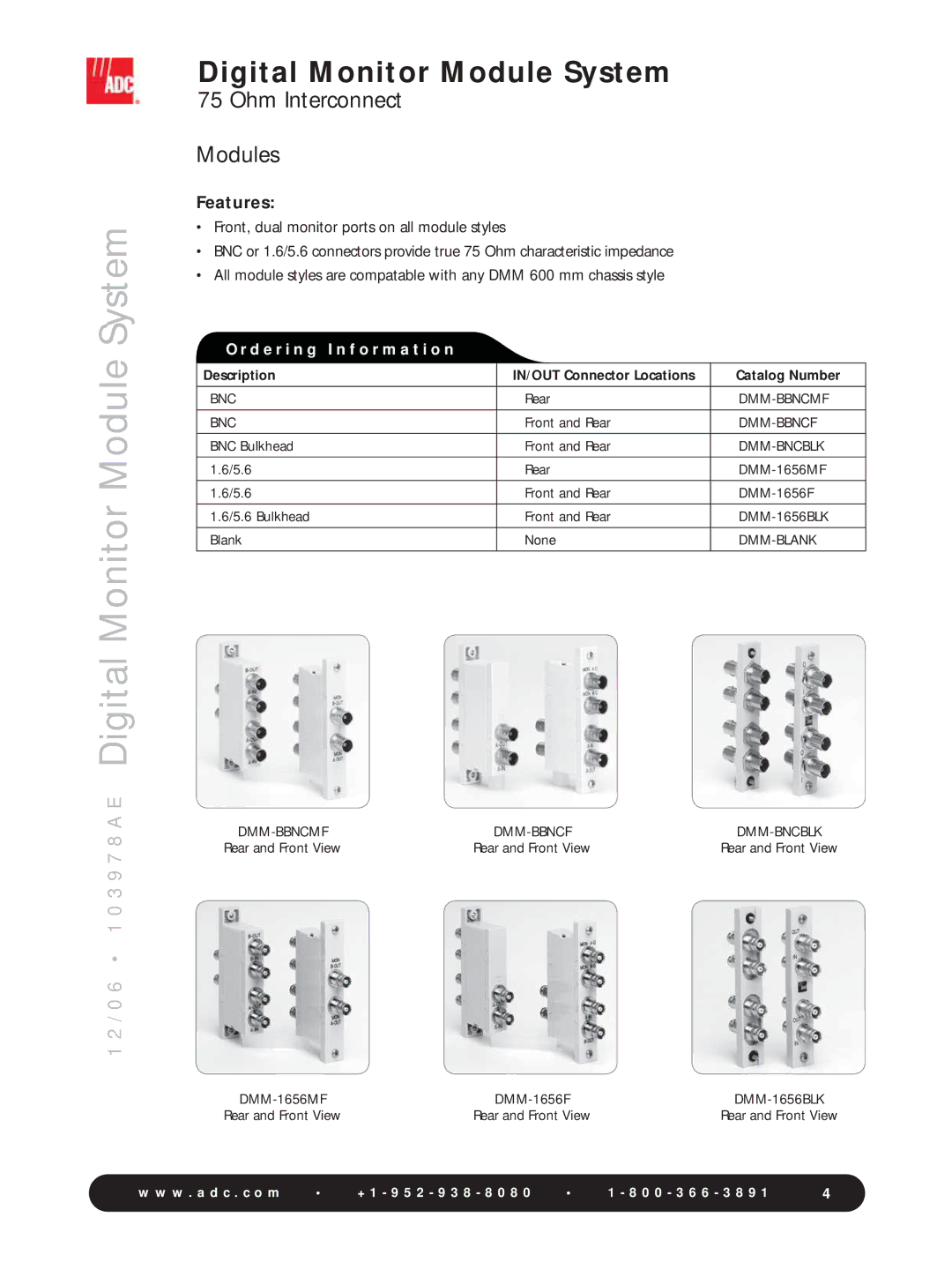 ADC 75 Ohm Interconnect manual Ohm Interconnect Modules, Description IN/OUT Connector Locations Catalog Number 