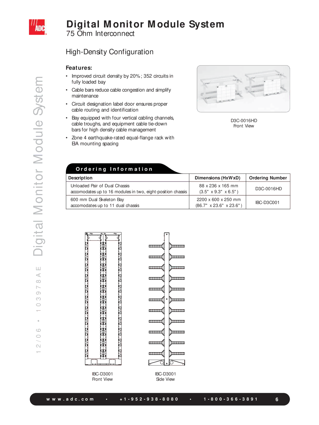 ADC 75 Ohm Interconnect Module System, Ohm Interconnect High-Density Configuration, 0 6 1 0 3 9 7 8 a E Digital Monitor 