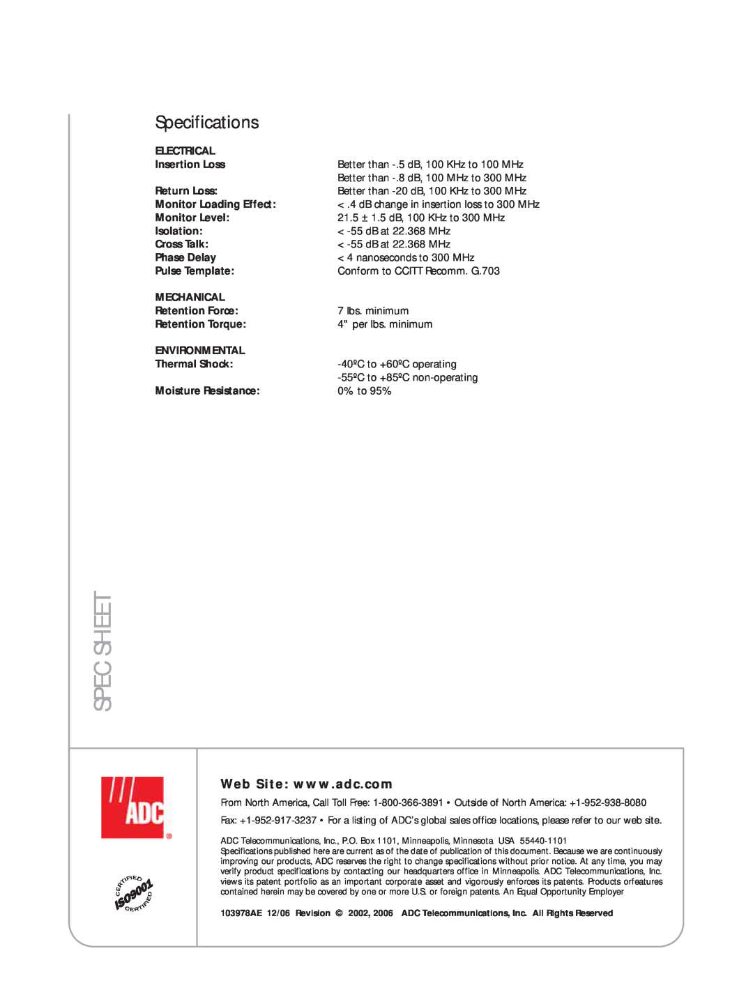 ADC 75 Ohm Interconnect manual Specifications, Spec Sheet 