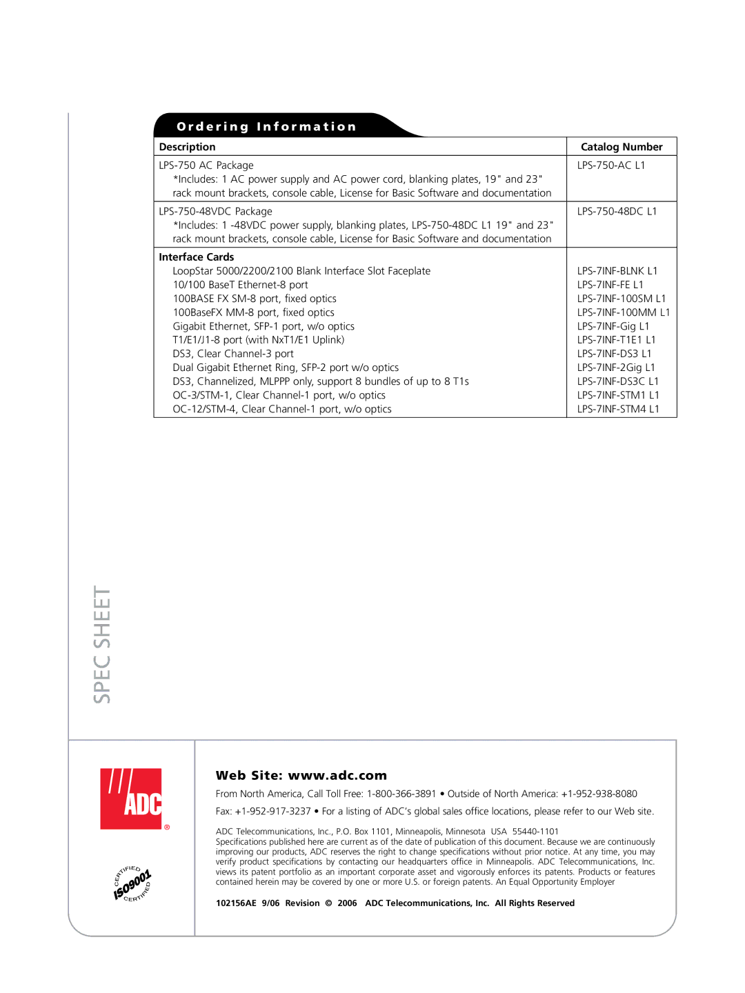 ADC 750 manual Description Catalog Number, Interface Cards 