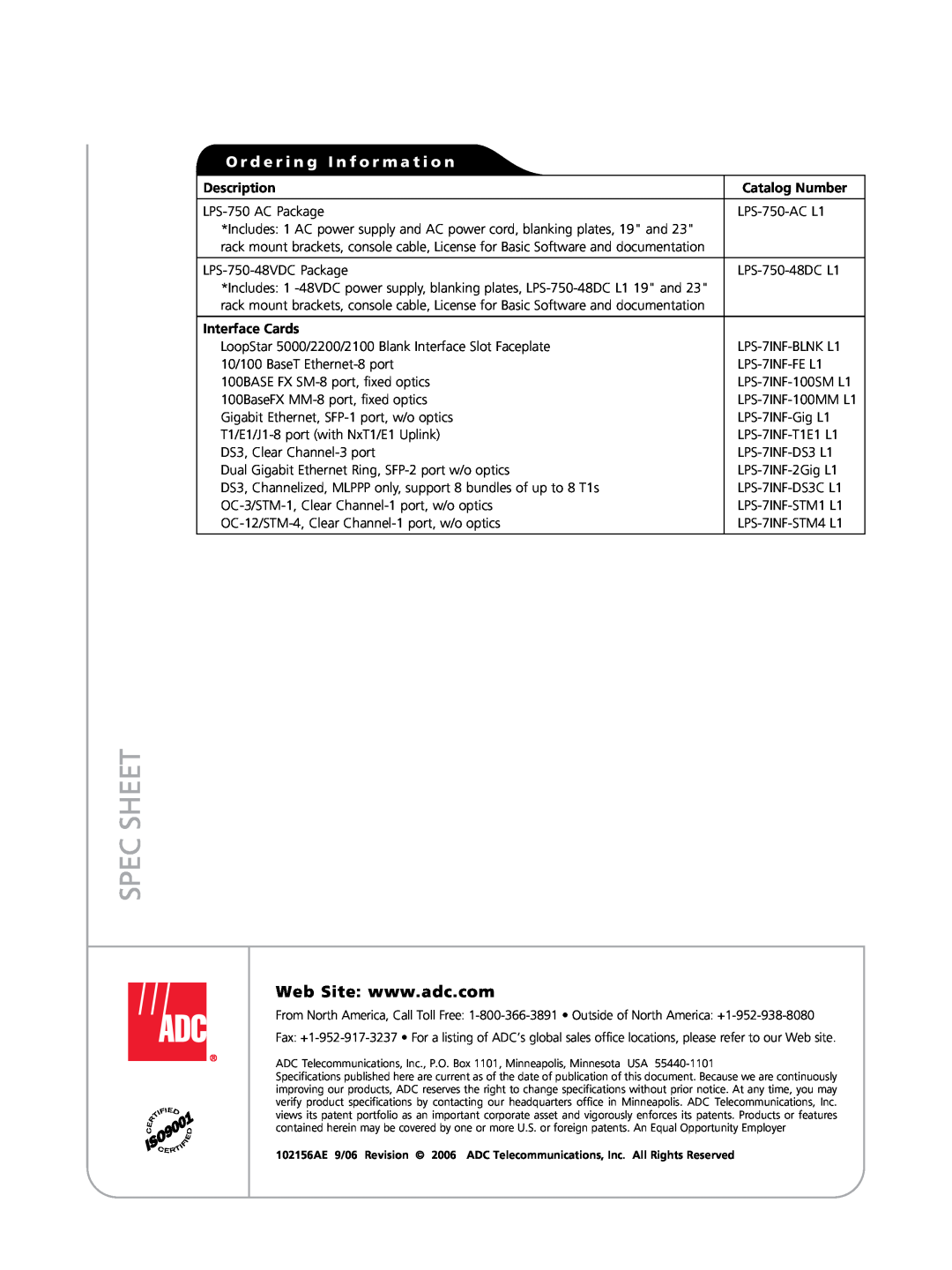 ADC 750 manual Spec Sheet, O r d e r i n g I n f o r m a t i o n, Description, Catalog Number, Interface Cards 