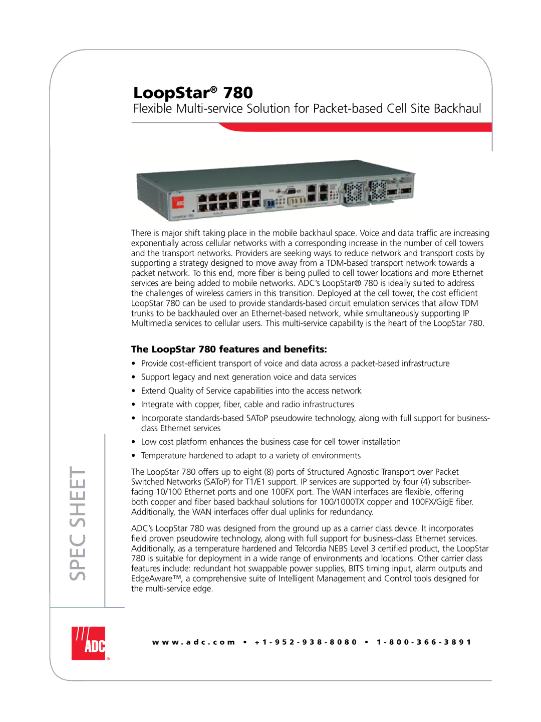 ADC manual Spec Sheet, LoopStar 780 features and benefits 