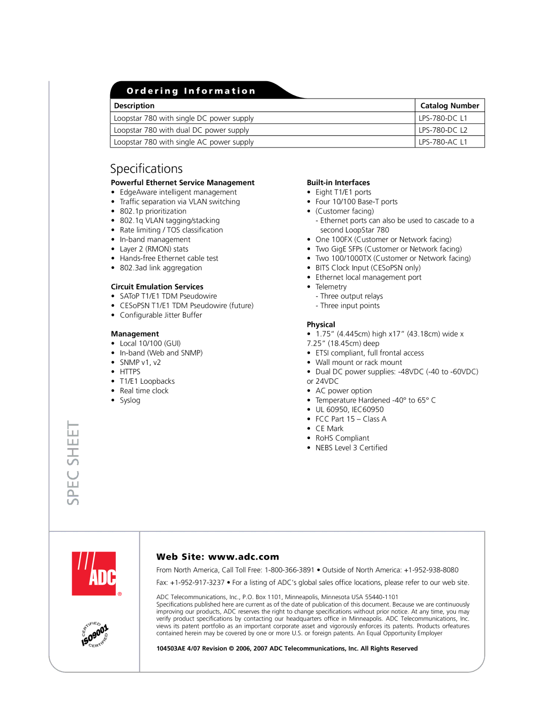 ADC 780 manual Spec Sheet, D e r i n g I n f o r m a t i o n 