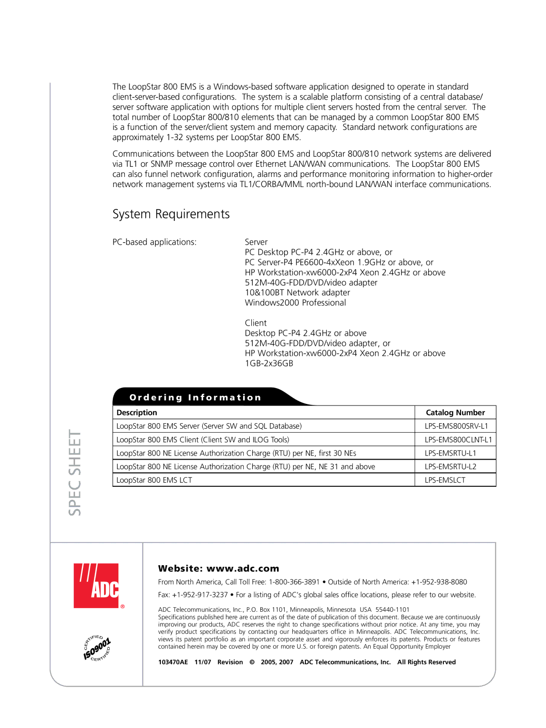 ADC 800 EMS manual Spec Sheet, System Requirements, D e r i n g I n f o r m a t i o n 