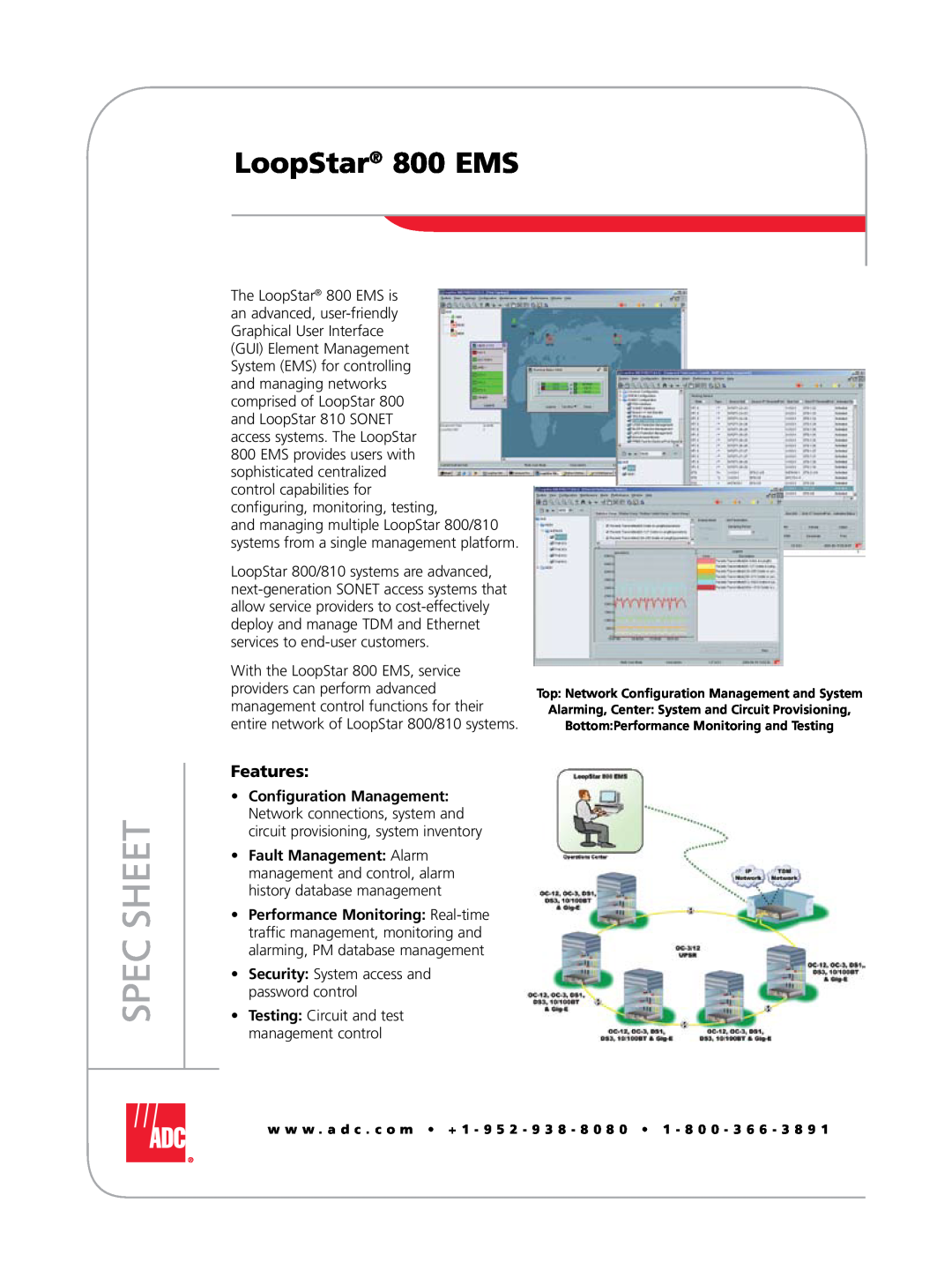 ADC manual Spec Sheet, LoopStar 800 EMS, Features, Testing Circuit and test management control 