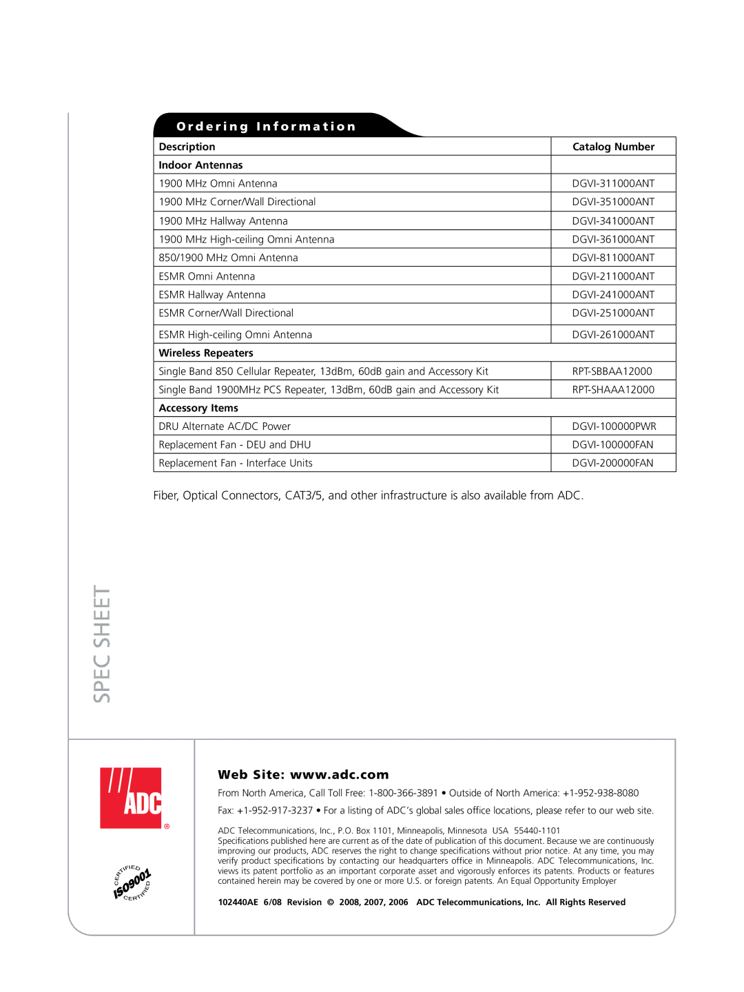 ADC 800 ESMR, 850 Cellular Spec Sheet, Description Indoor Antennas, Wireless Repeaters Catalog Number, Accessory Items 