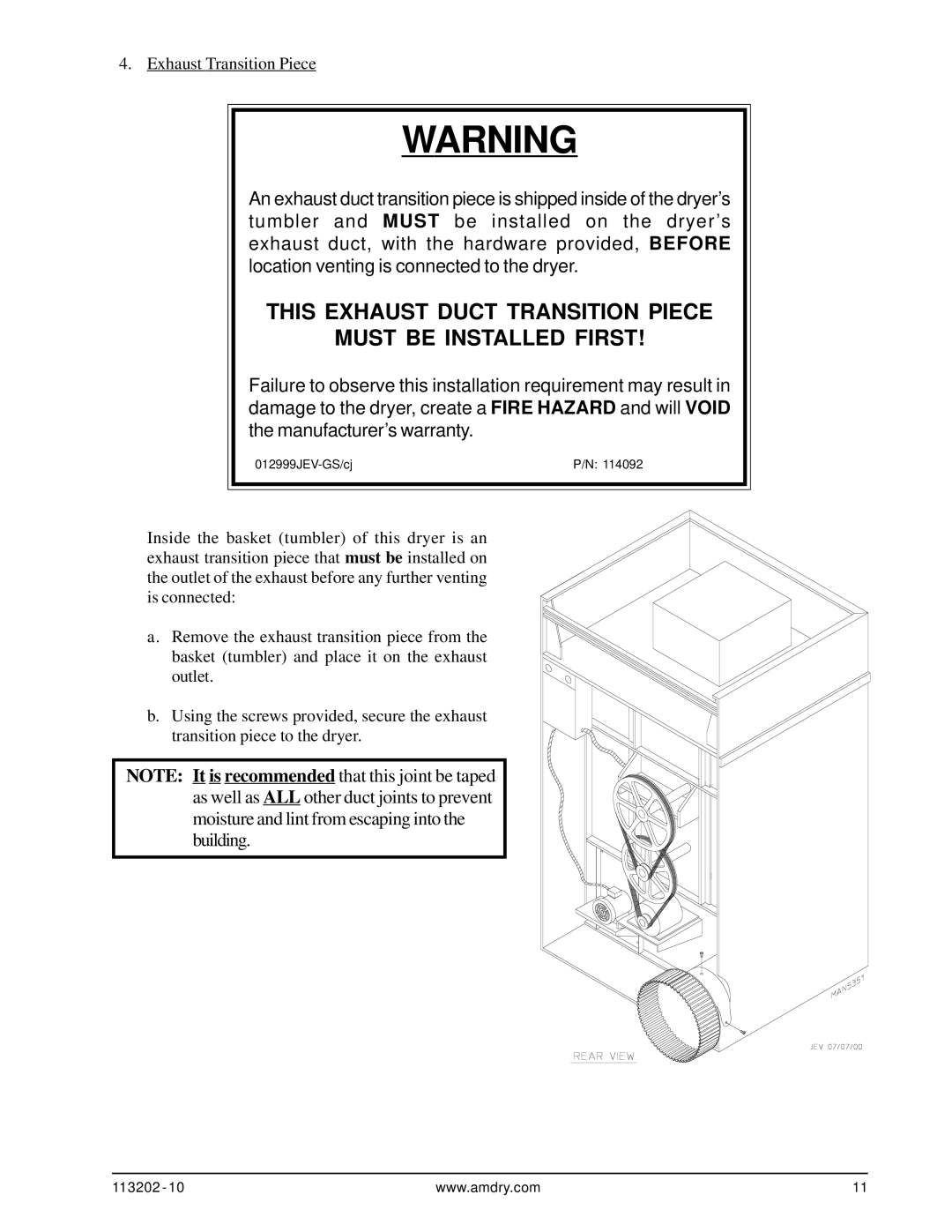 ADC AD-115ES installation manual This Exhaust Duct Transition Piece Must be Installed First 