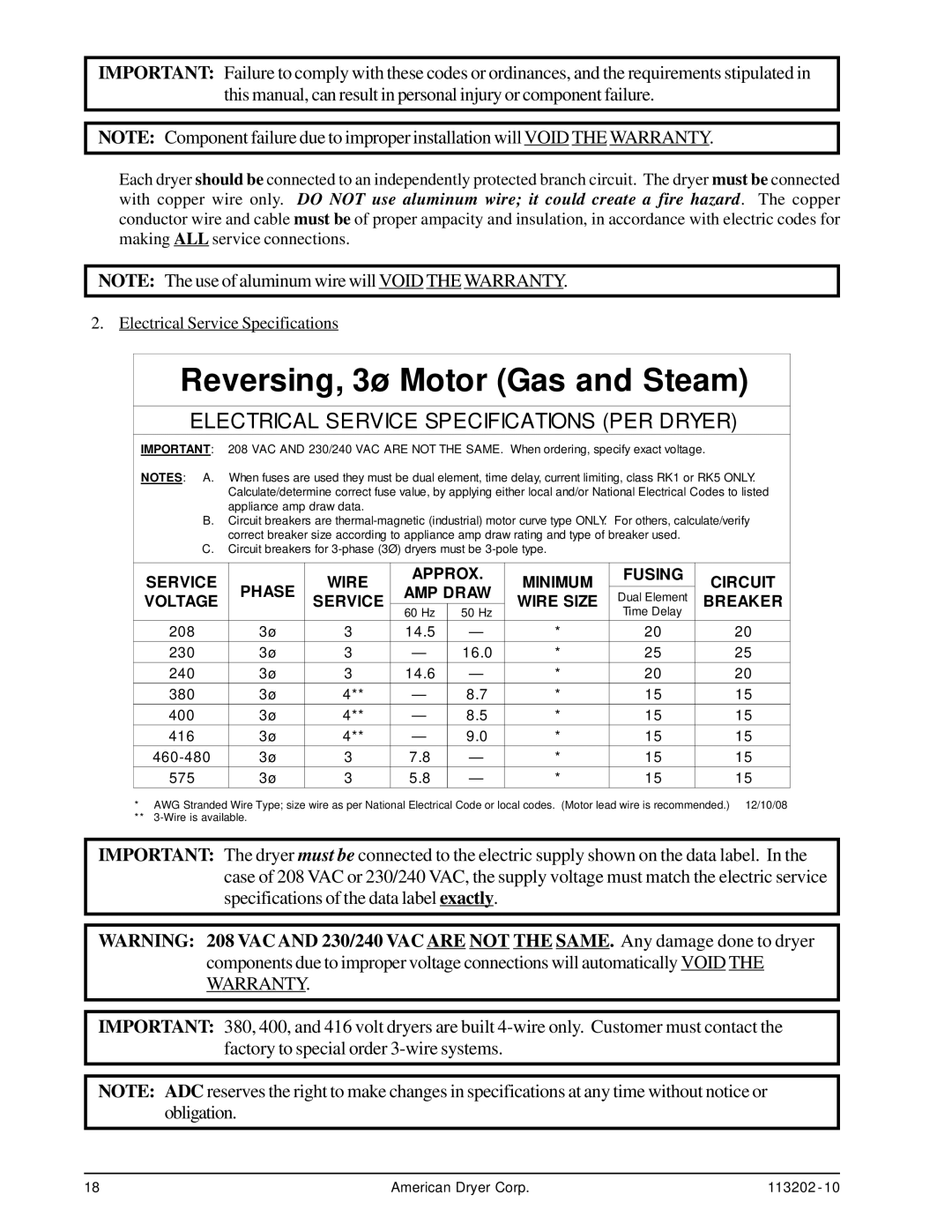 ADC AD-115ES installation manual Reversing, 3ø Motor Gas and Steam 