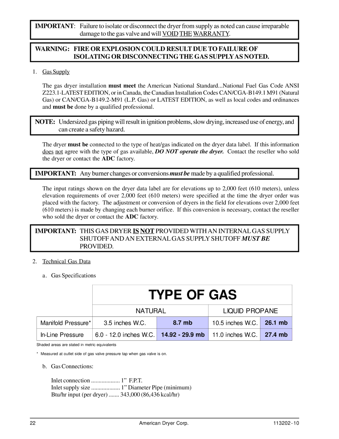 ADC AD-115ES installation manual Type of GAS 